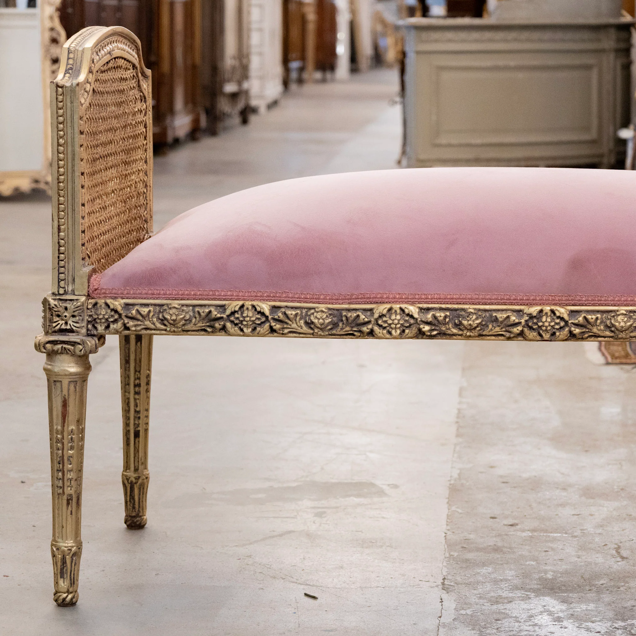 Louis XVI Gilded Cane Bench – Pink Velvet Upholstery & Floral Carvings - Image 2