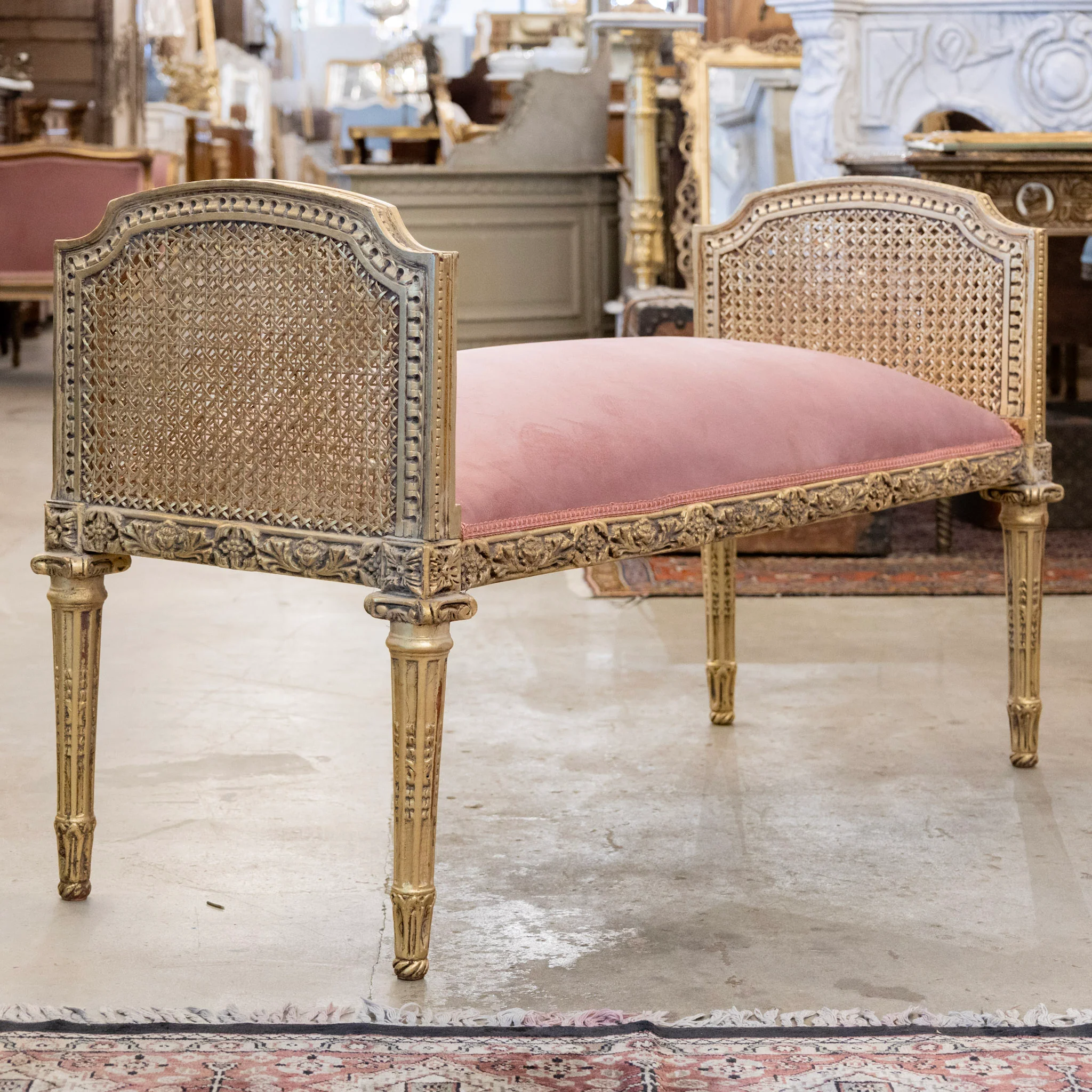 Louis XVI Gilded Cane Bench – Pink Velvet Upholstery & Floral Carvings - Image 5