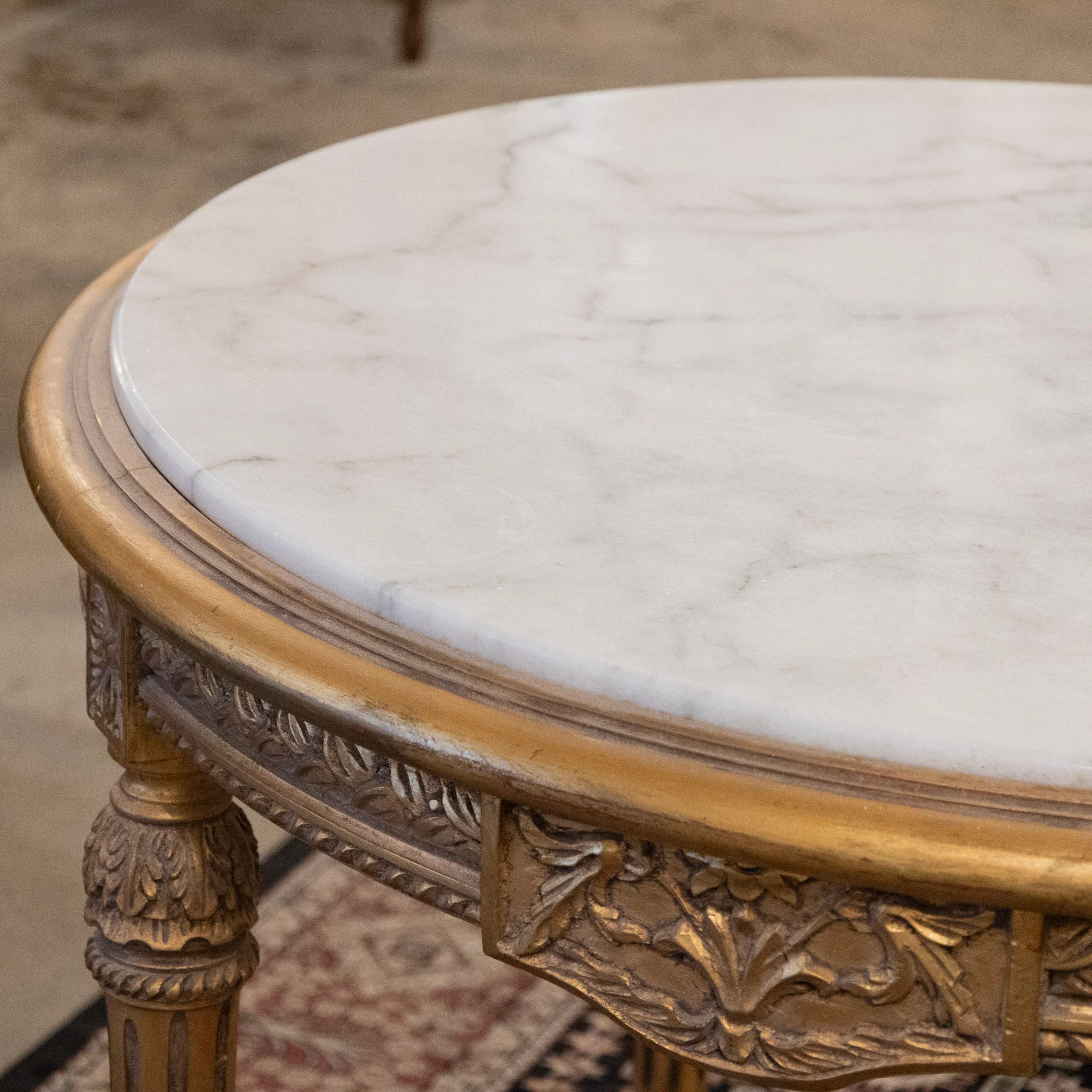 Louis XVI Gilded Center Table with Carved Detailing & White Marble Top - Image 10