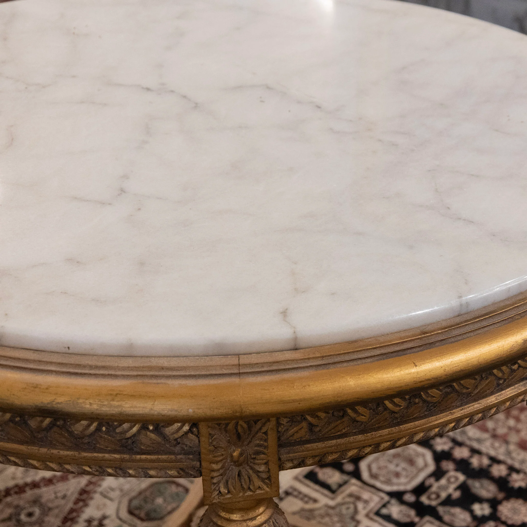 Louis XVI Gilded Center Table with Carved Detailing & White Marble Top - Image 11