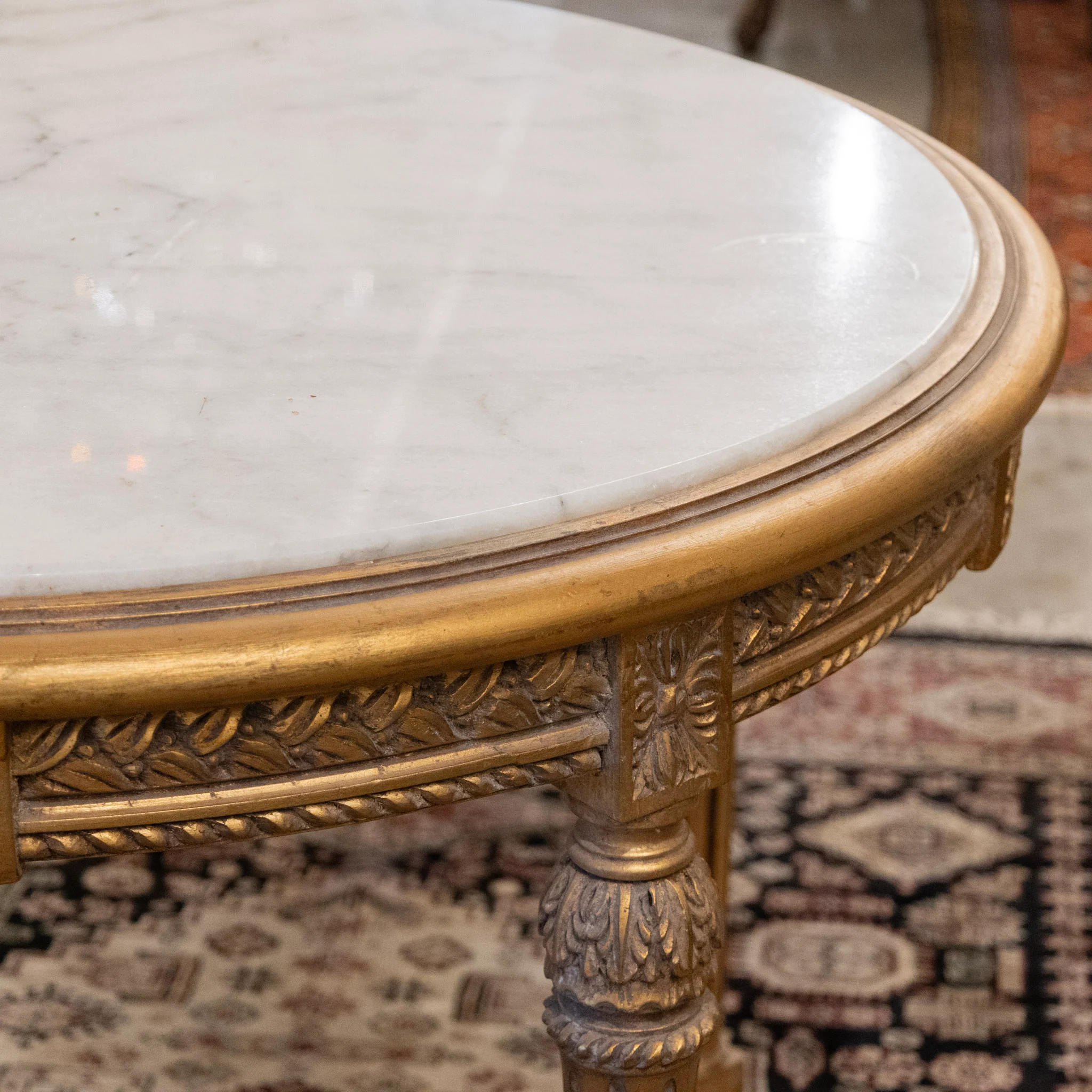 Louis XVI Gilded Center Table with Carved Detailing & White Marble Top - Image 12