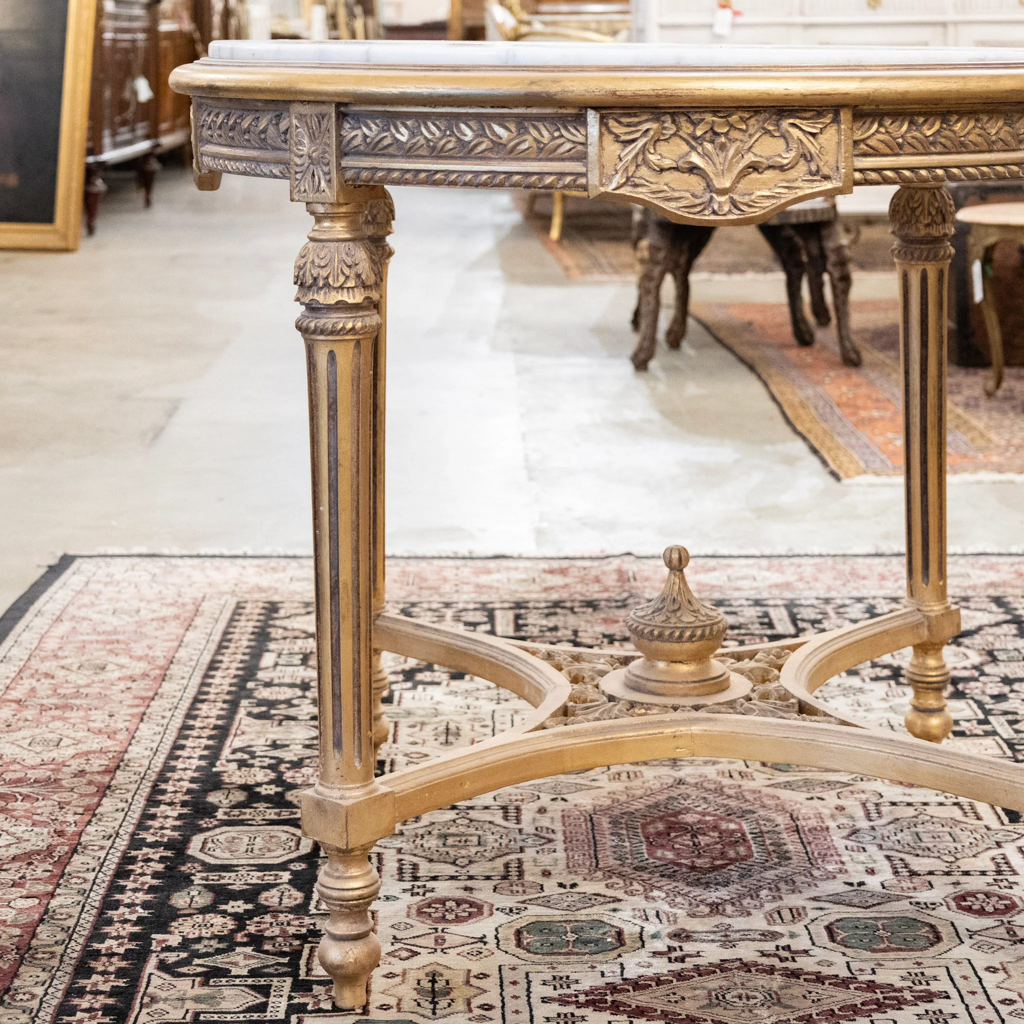 Louis XVI Gilded Center Table with Carved Detailing & White Marble Top - Image 3