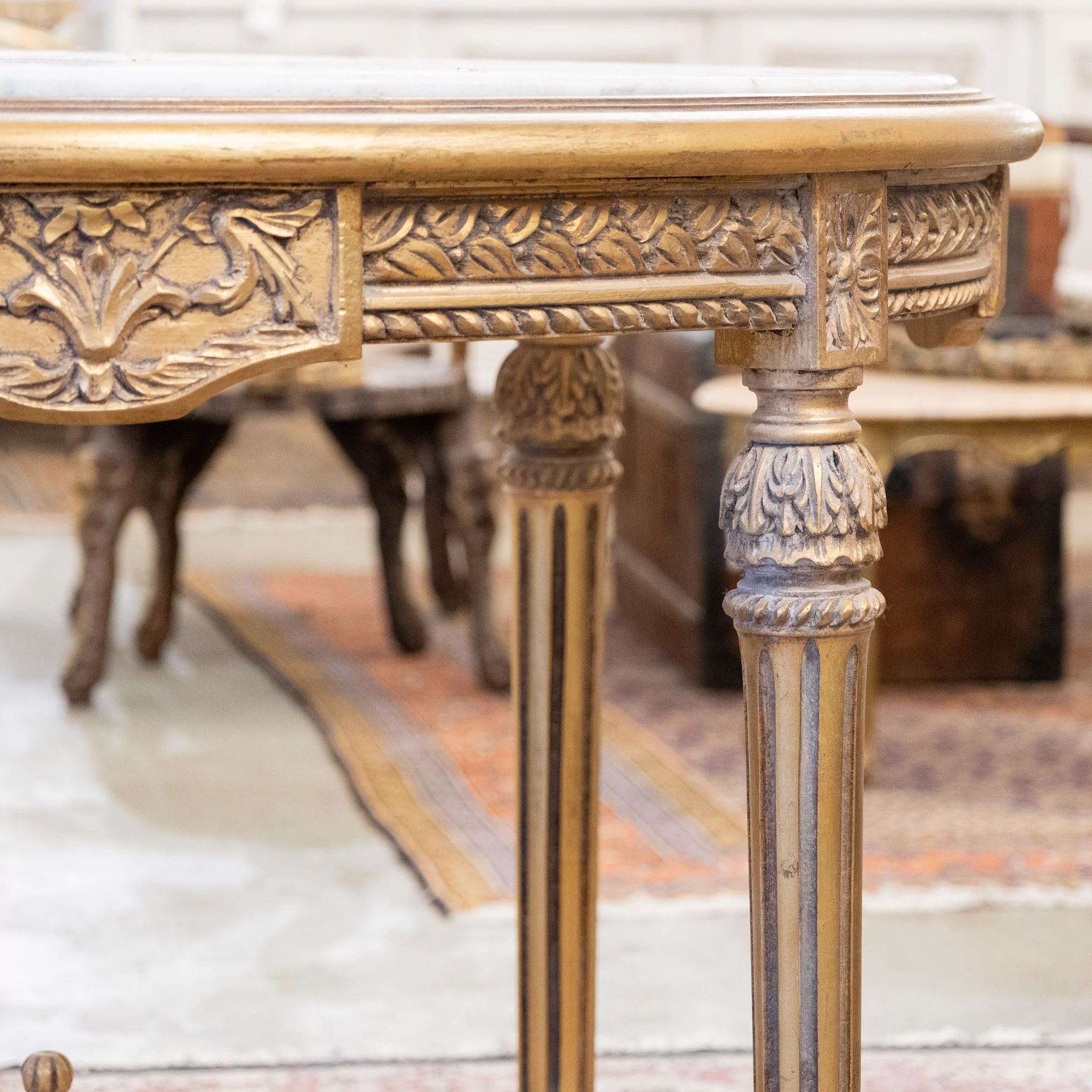 Louis XVI Gilded Center Table with Carved Detailing & White Marble Top - Image 4