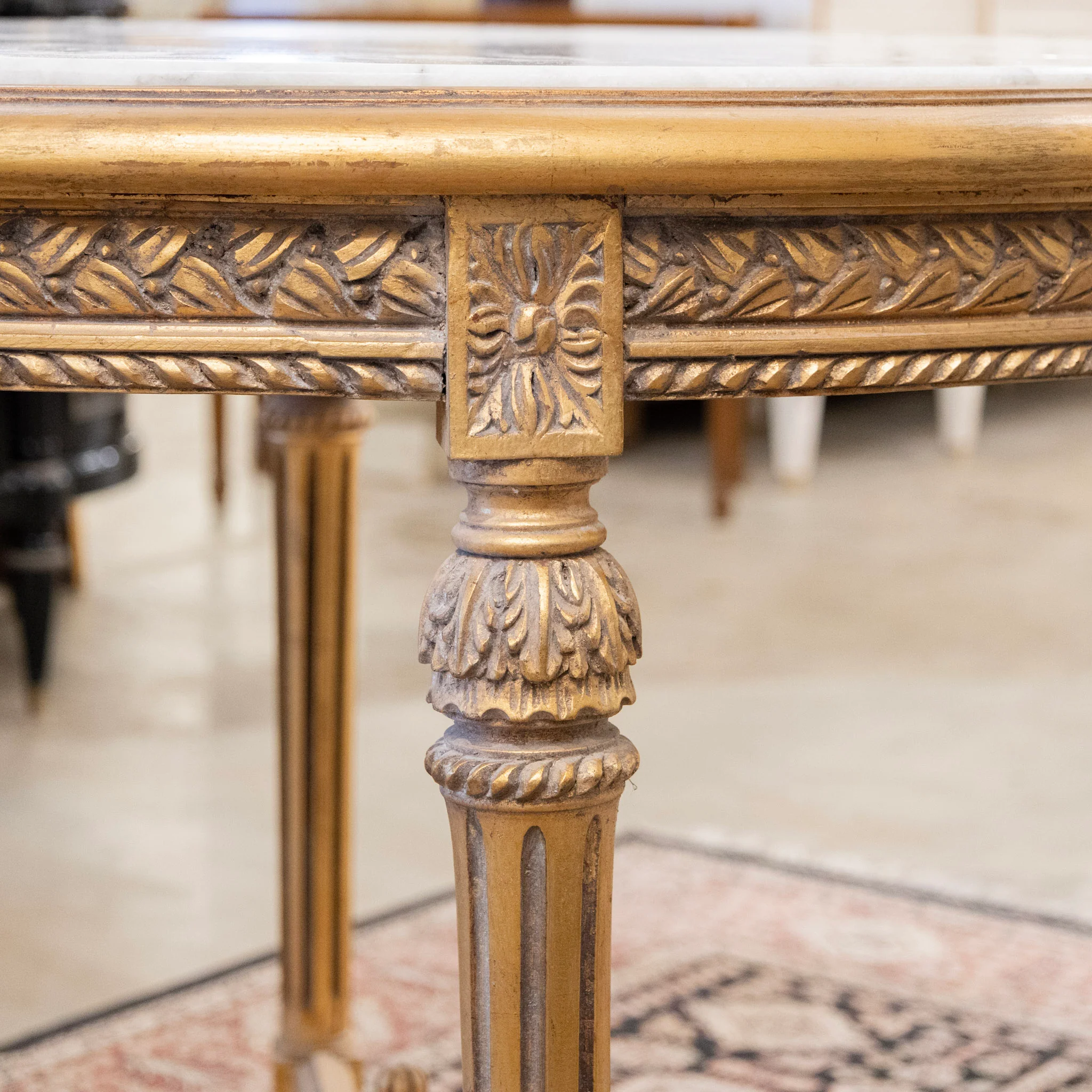 Louis XVI Gilded Center Table with Carved Detailing & White Marble Top - Image 5
