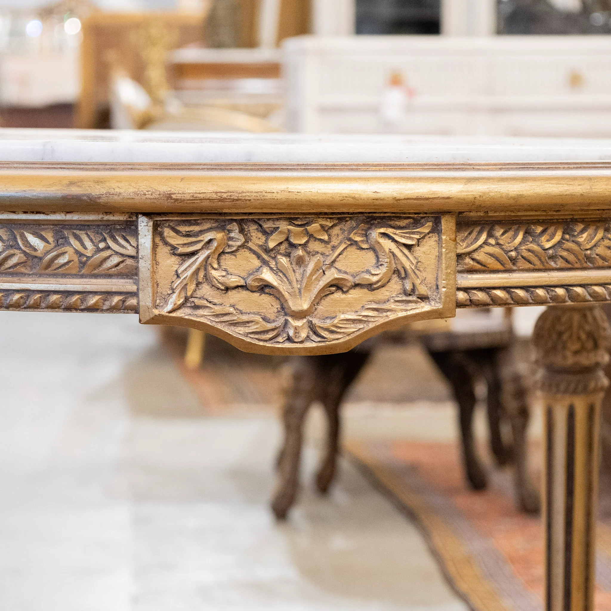 Louis XVI Gilded Center Table with Carved Detailing & White Marble Top - Image 6