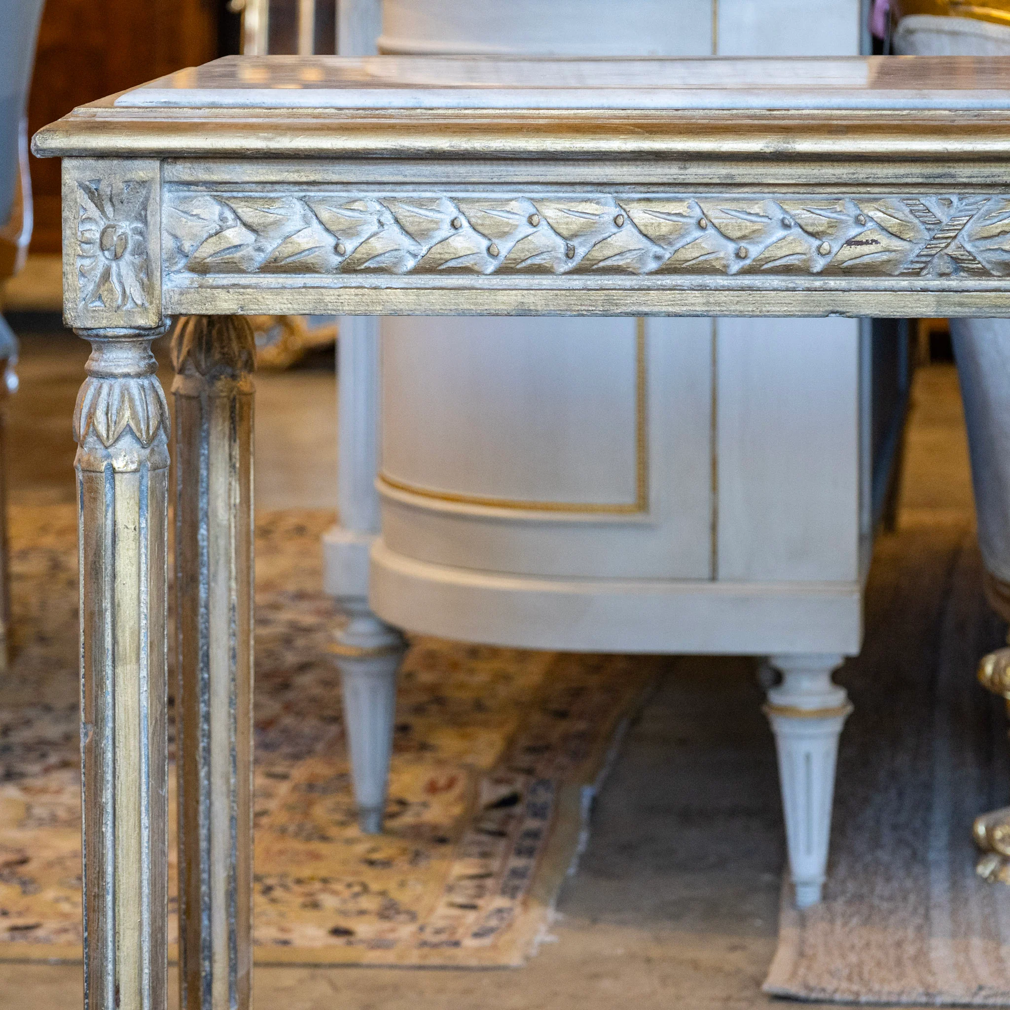 Louis XVI Gilded Champagne Gold Console – Carved Apron & White Marble Top - Image 4