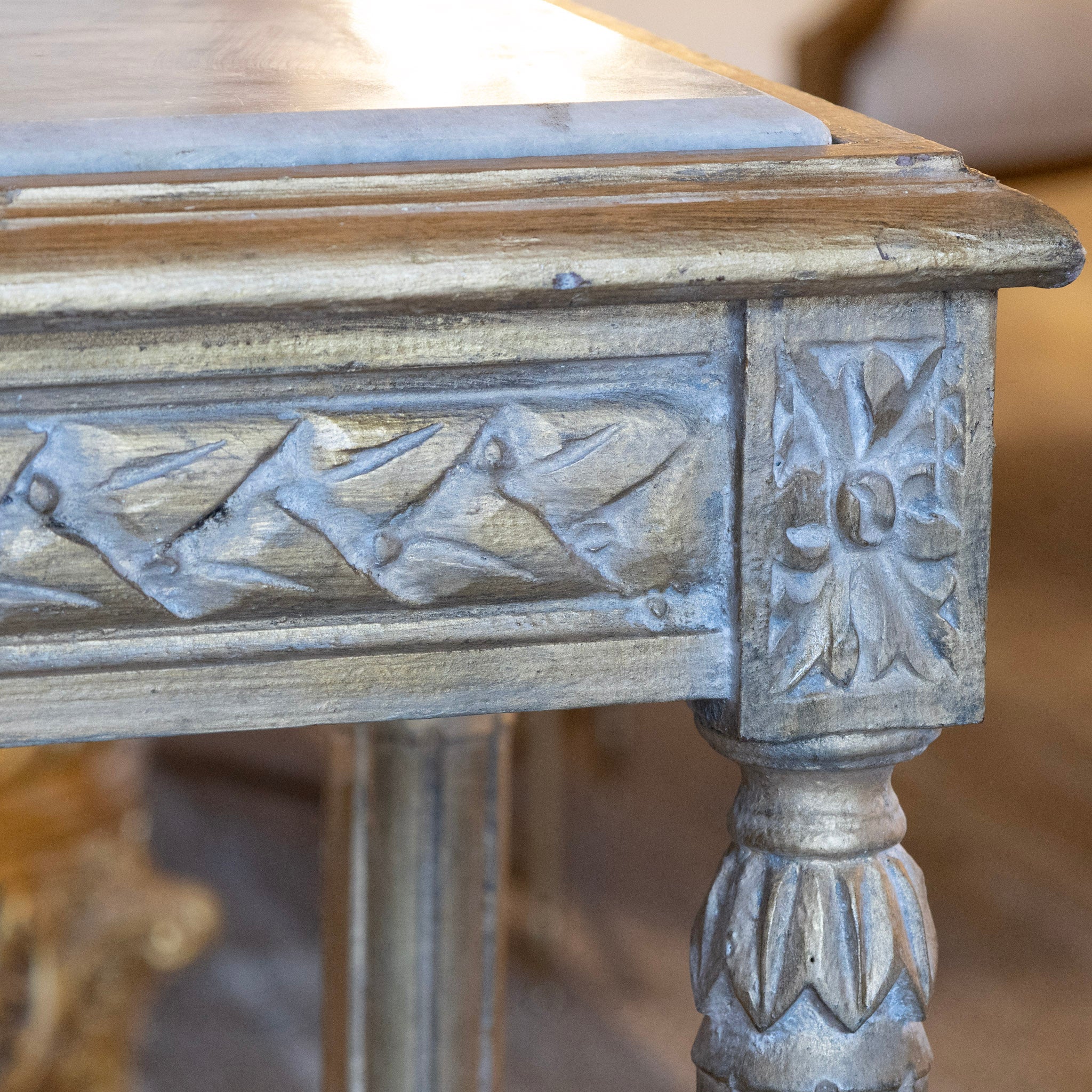 Louis XVI Gilded Champagne Gold Console – Carved Apron & White Marble Top - Image 5