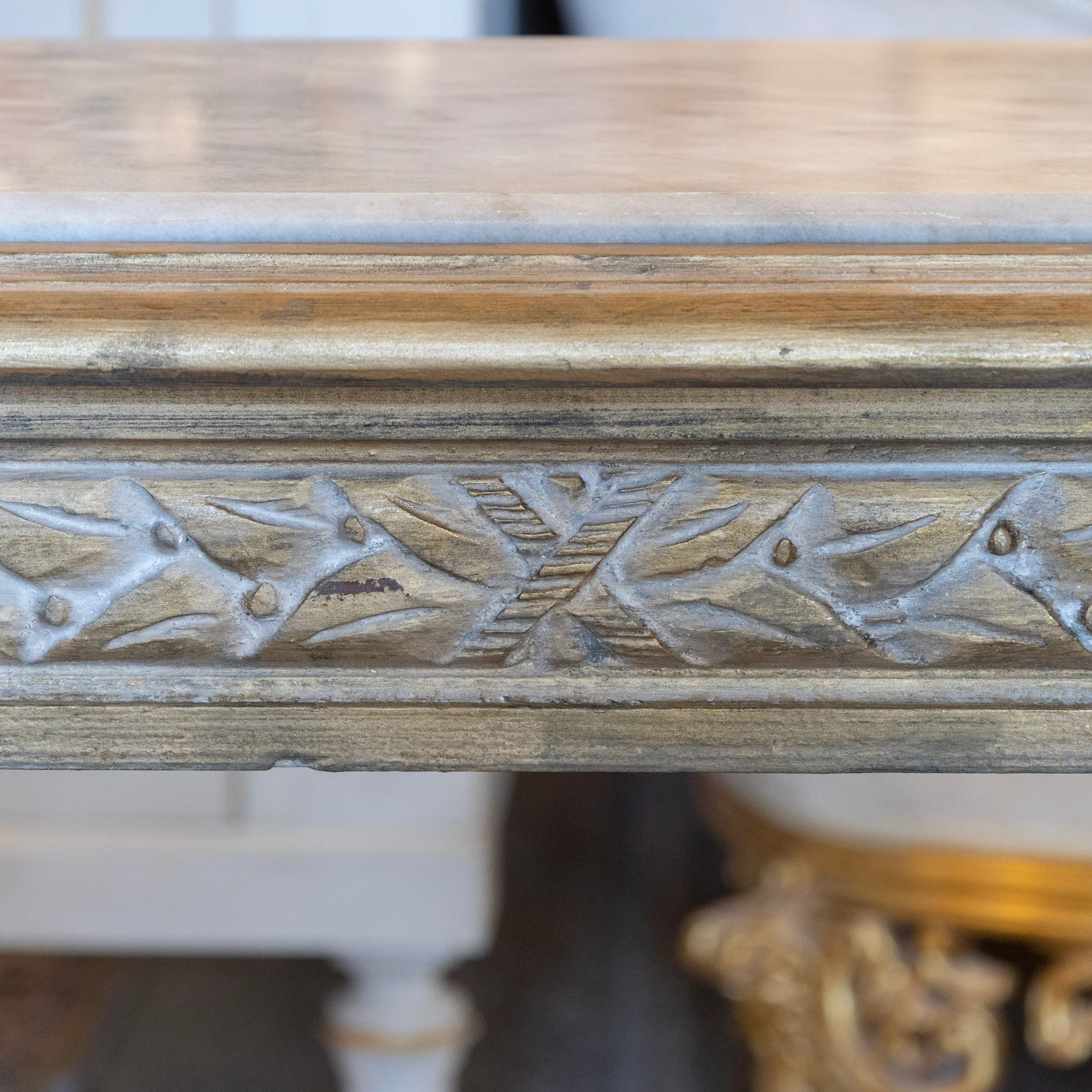 Louis XVI Gilded Champagne Gold Console – Carved Apron & White Marble Top - Image 6