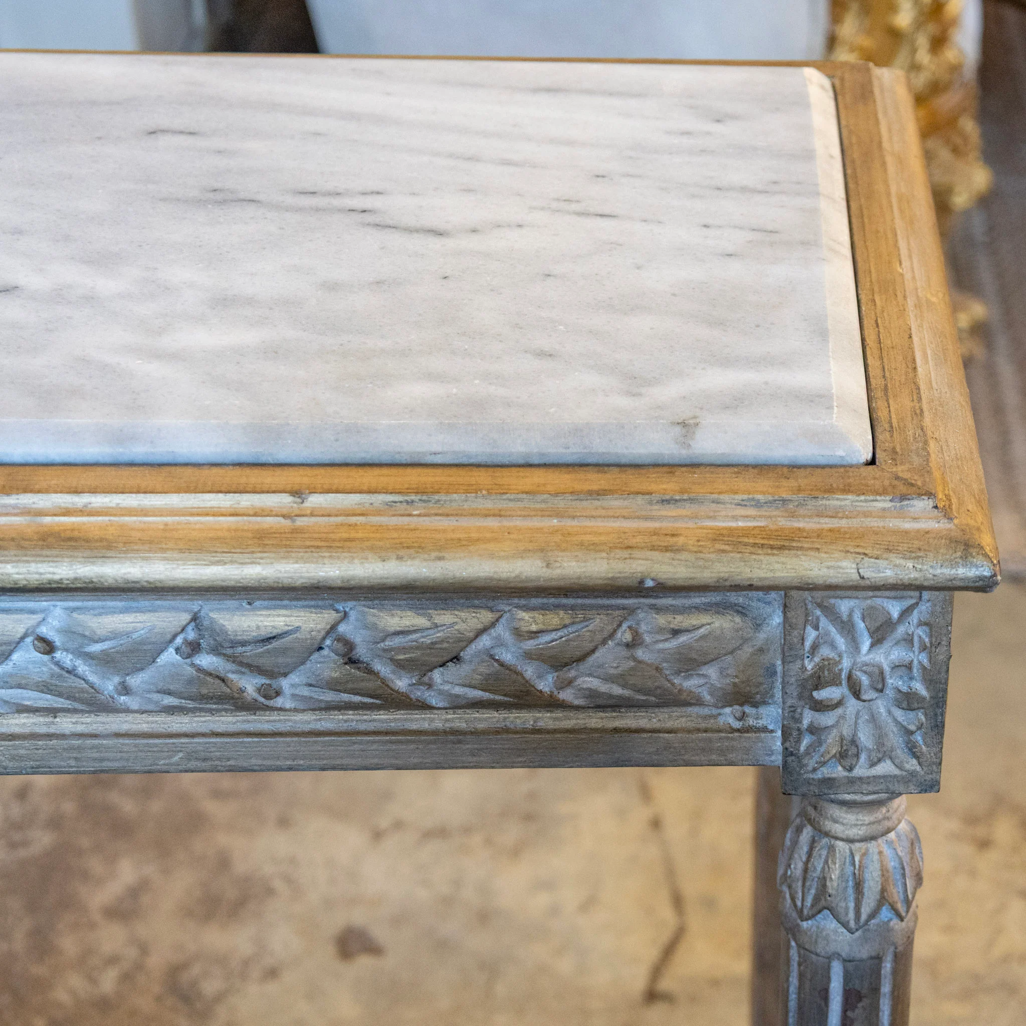 Louis XVI Gilded Champagne Gold Console – Carved Apron & White Marble Top - Image 9