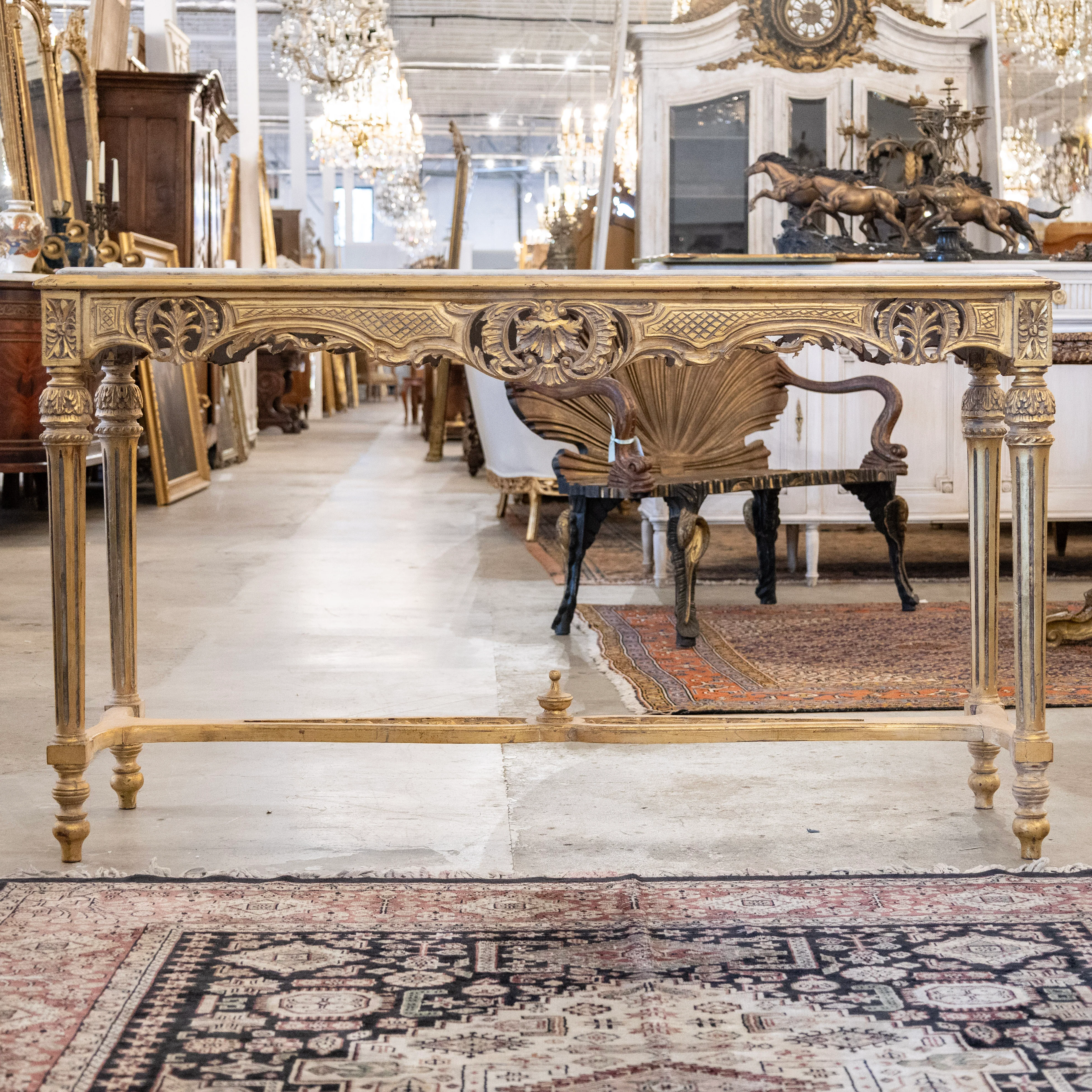 Louis XVI Gilded Console – Carved Trim & Fluted Legs with White Marble Top