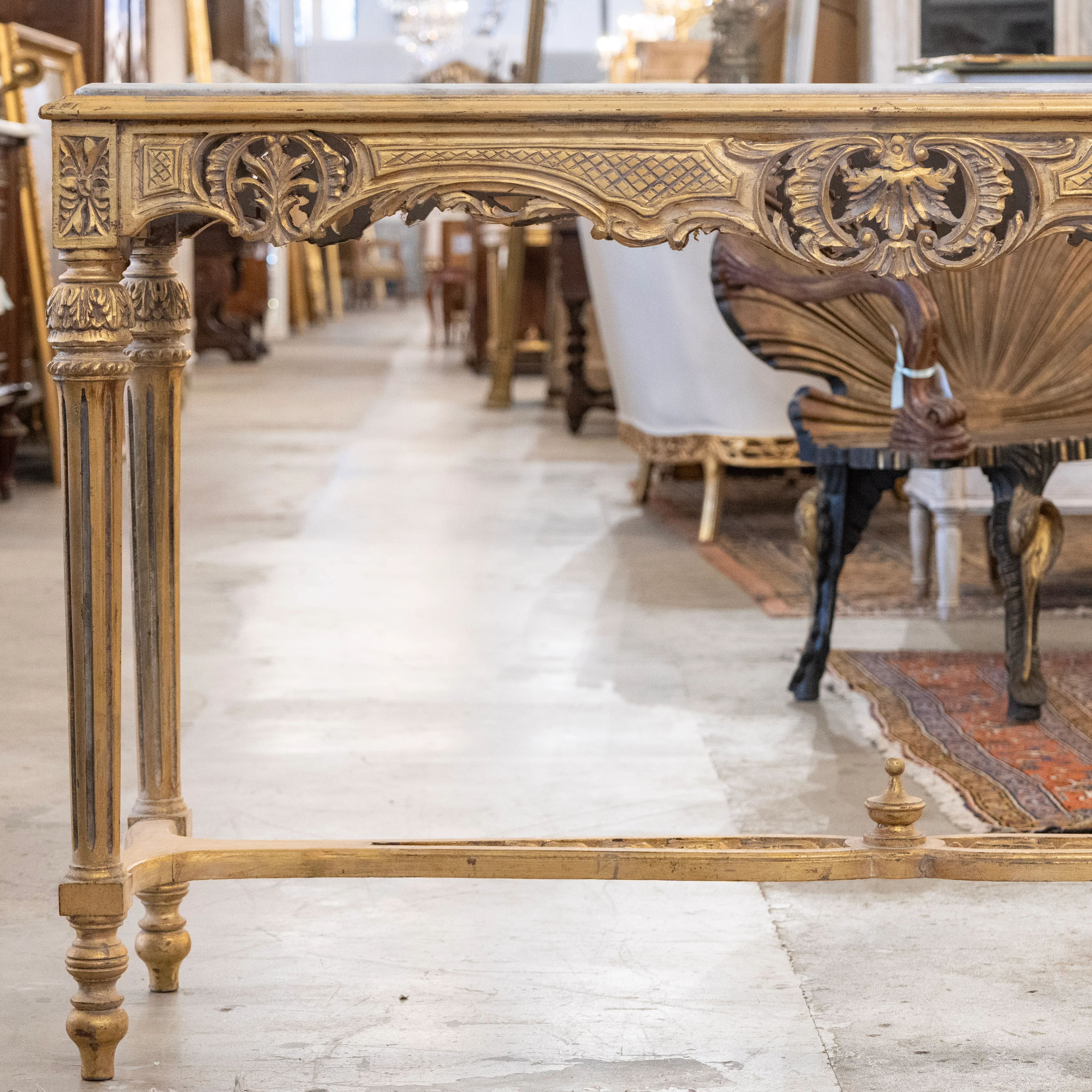 Louis XVI Gilded Console – Carved Trim & Fluted Legs with White Marble Top - Image 2