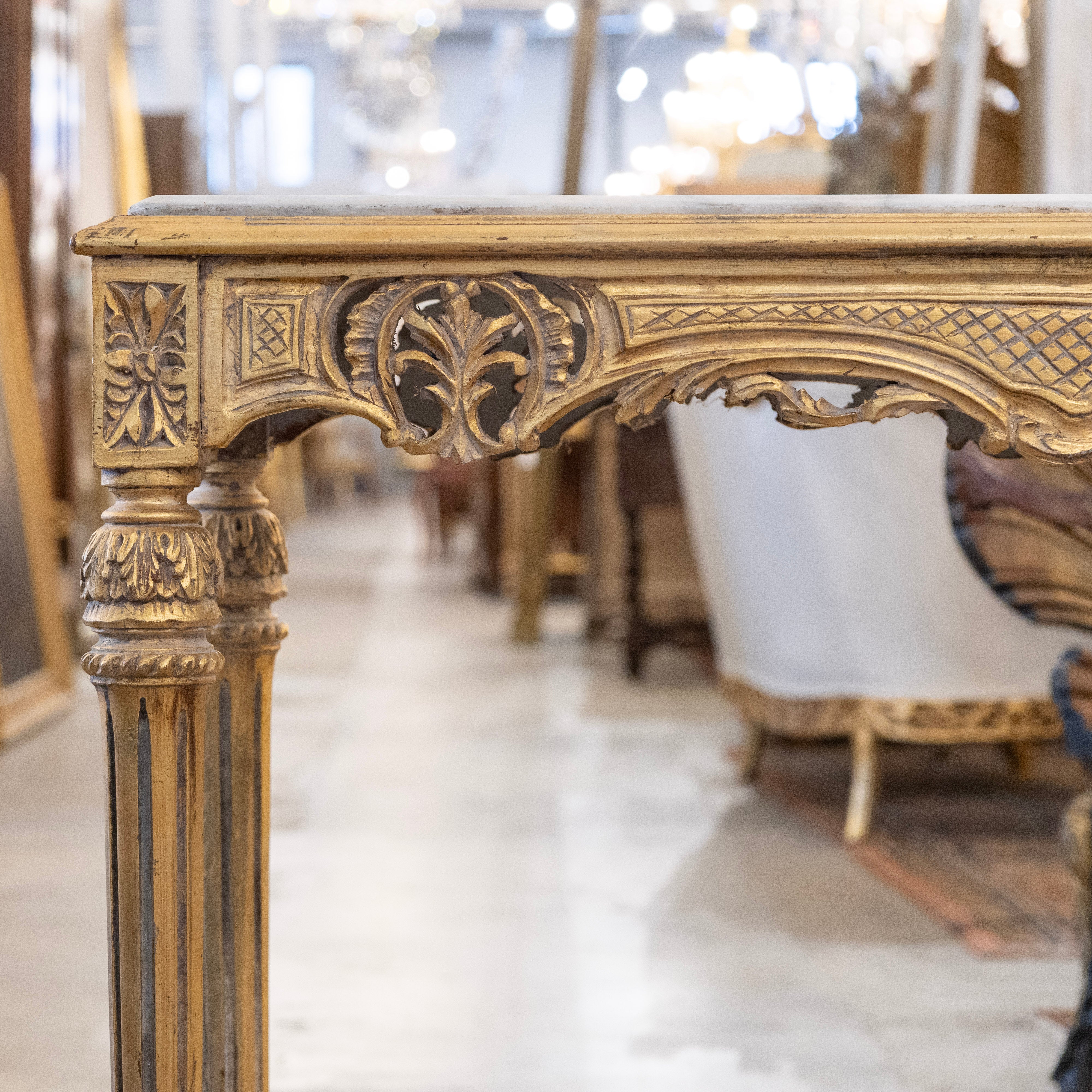 Louis XVI Gilded Console – Carved Trim & Fluted Legs with White Marble Top - Image 3