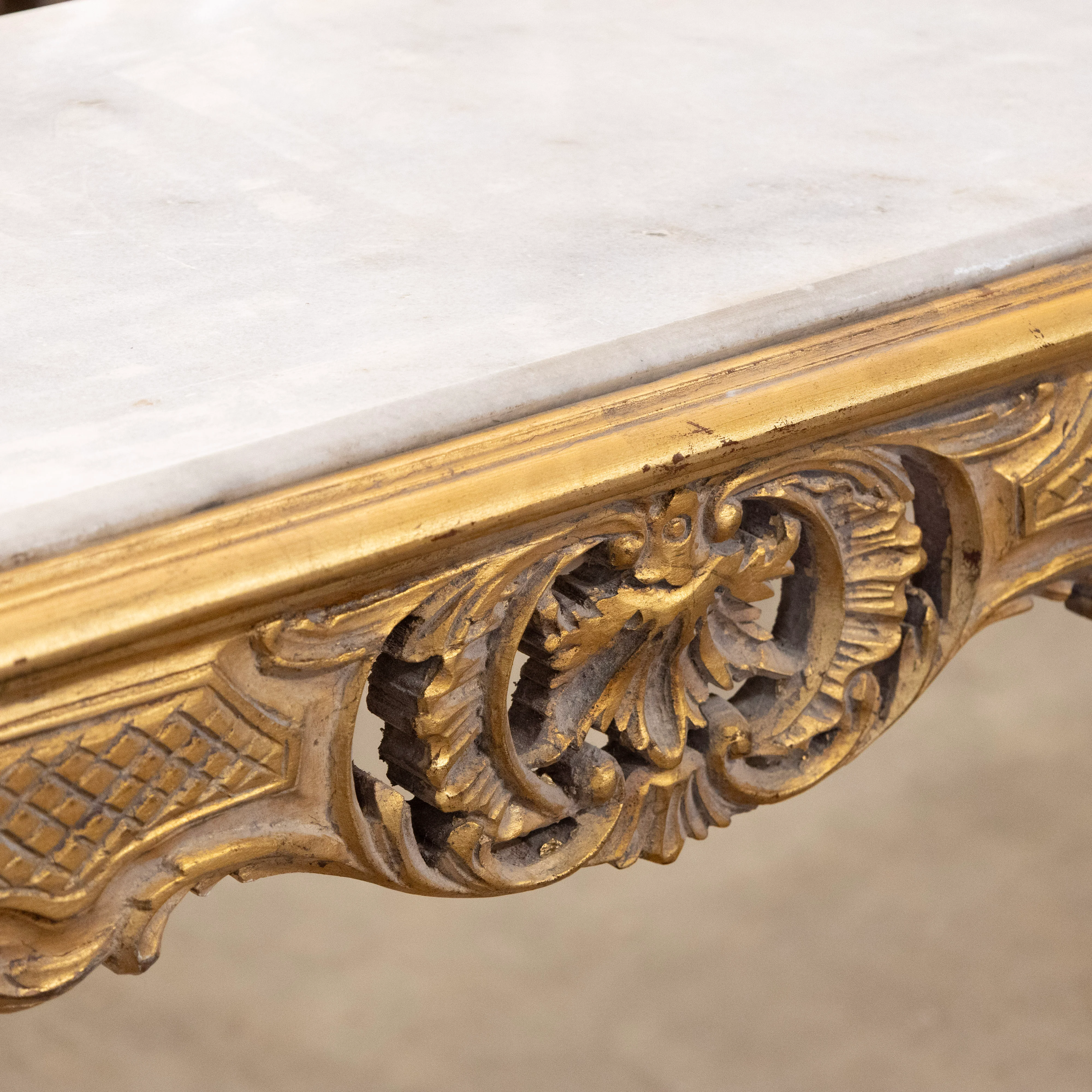 Louis XVI Gilded Console – Carved Trim & Fluted Legs with White Marble Top - Image 4