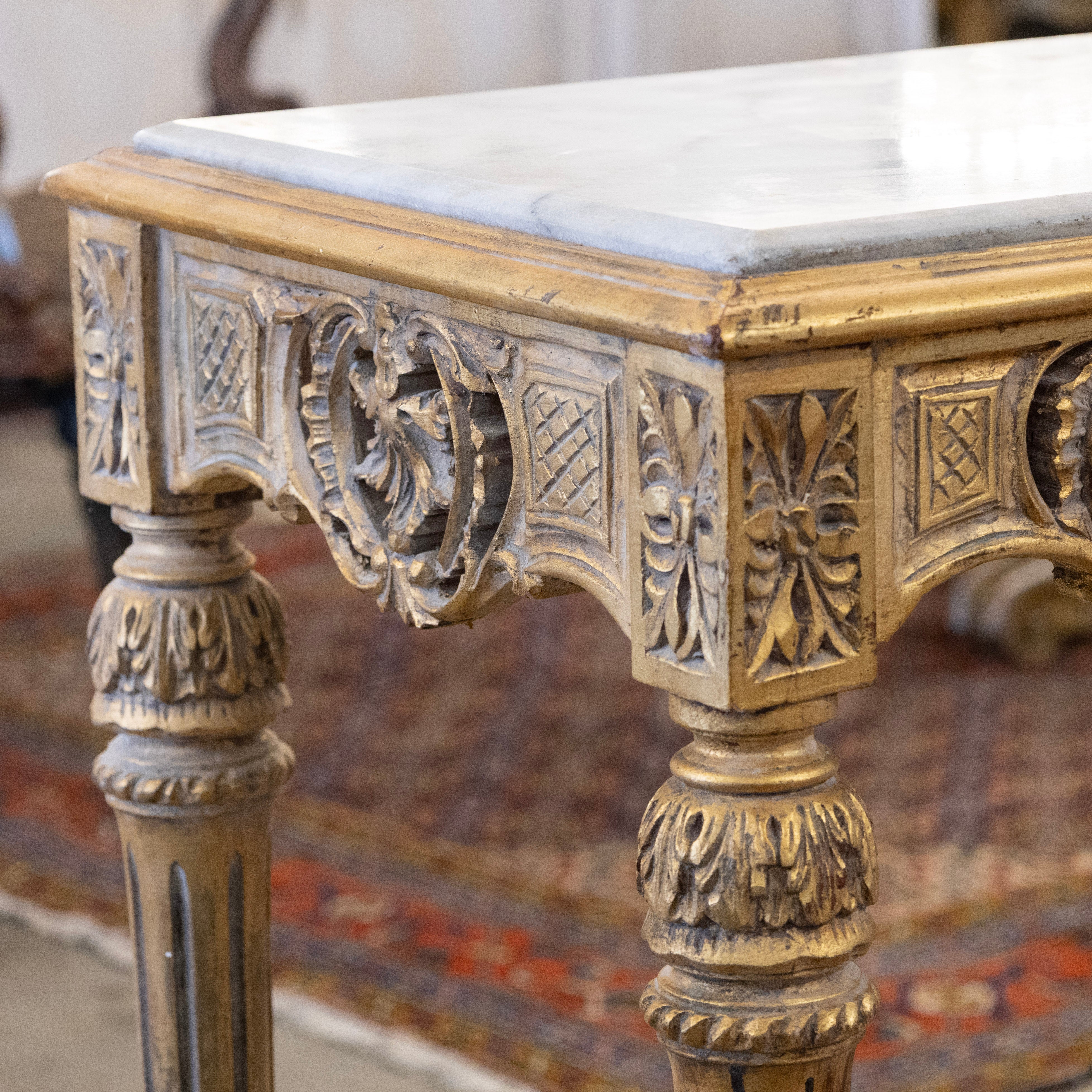 Louis XVI Gilded Console – Carved Trim & Fluted Legs with White Marble Top - Image 5