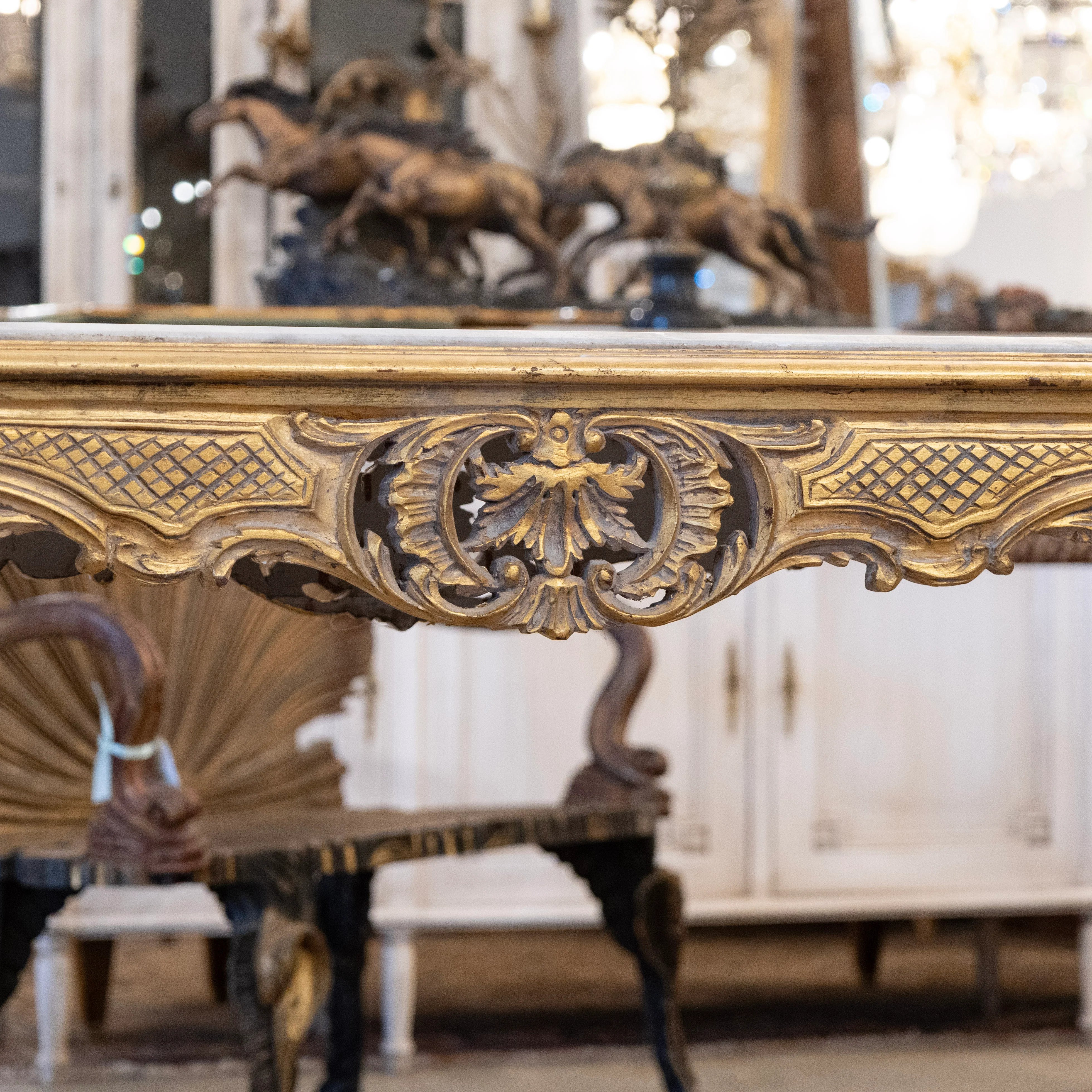 Louis XVI Gilded Console – Carved Trim & Fluted Legs with White Marble Top - Image 6