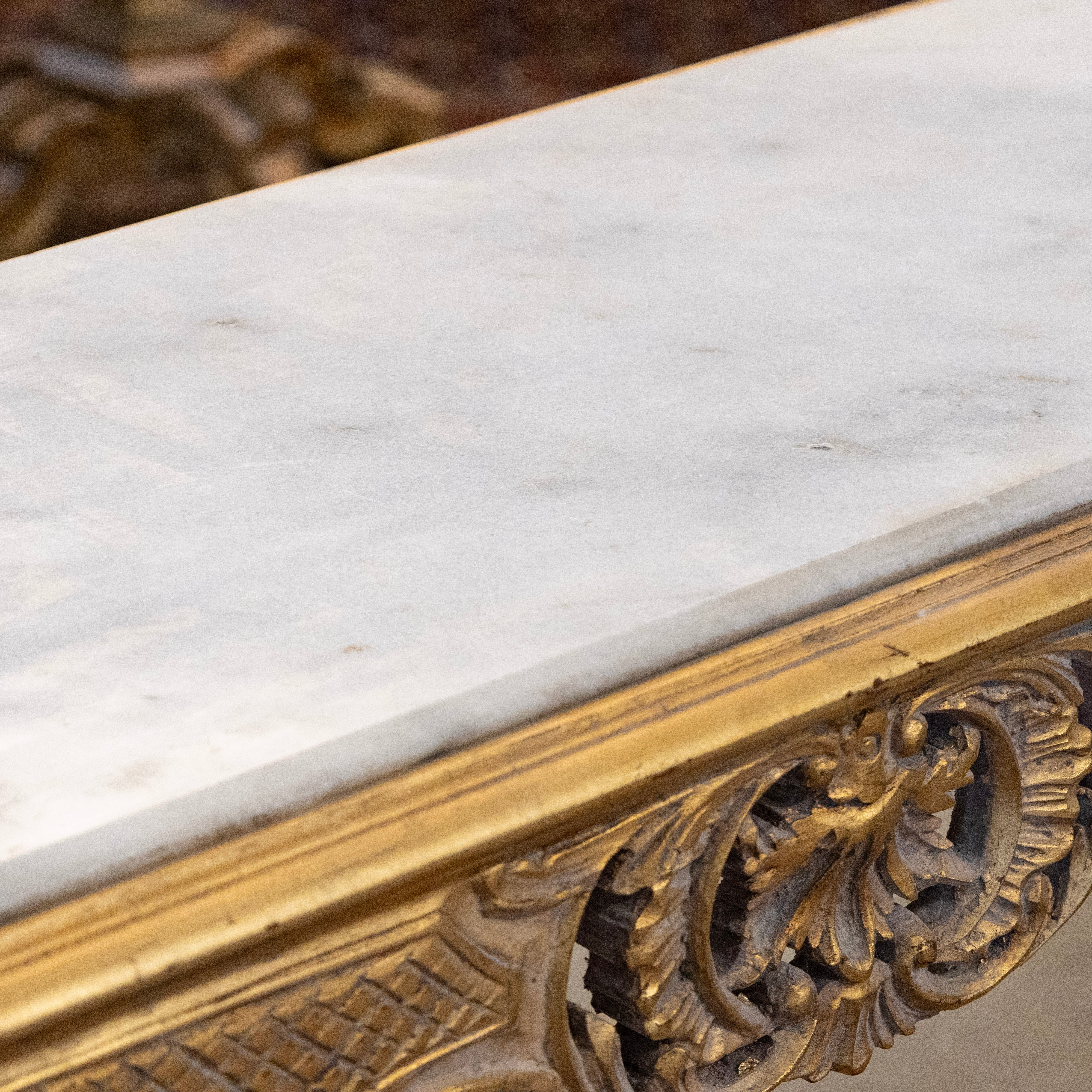 Louis XVI Gilded Console – Carved Trim & Fluted Legs with White Marble Top - Image 9