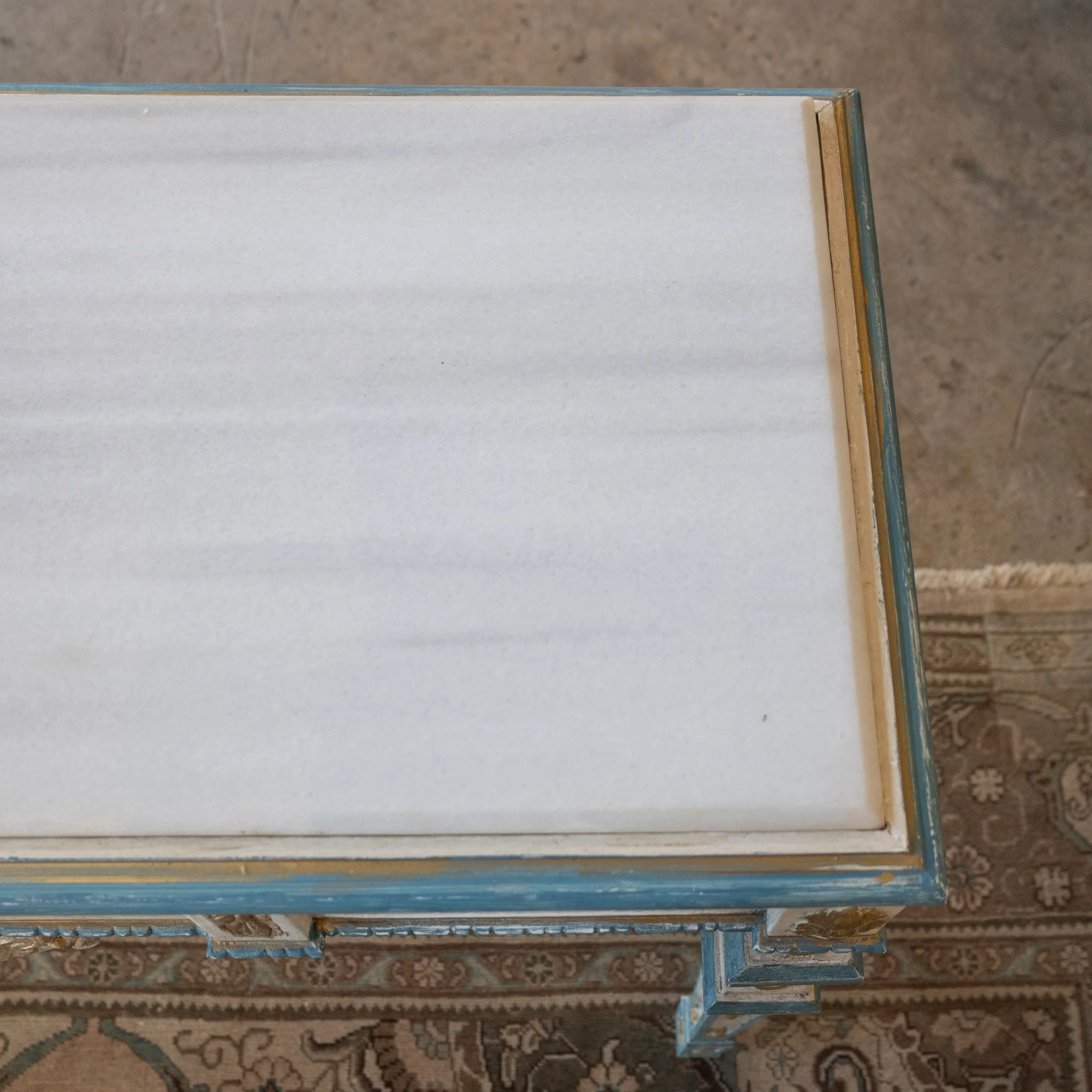 Louis XVI Gilded Console Table – Hand-Painted Blue & Gold with White Marble Top - Image 10