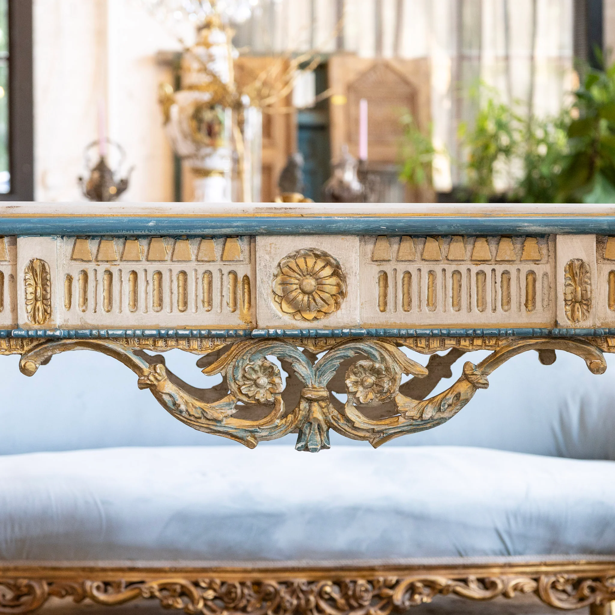 Louis XVI Gilded Console Table – Hand-Painted Blue & Gold with White Marble Top - Image 3