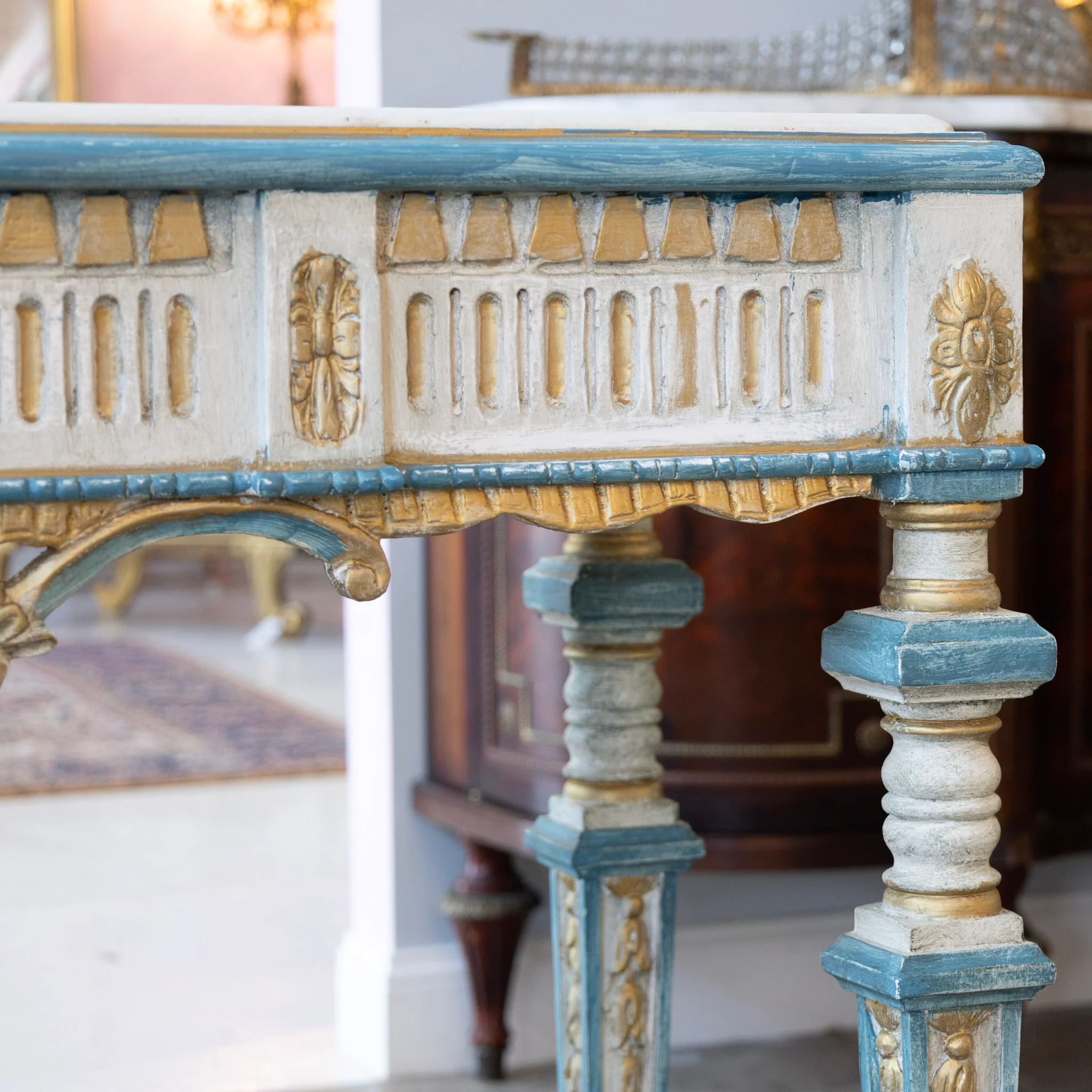 Louis XVI Gilded Console Table – Hand-Painted Blue & Gold with White Marble Top - Image 4