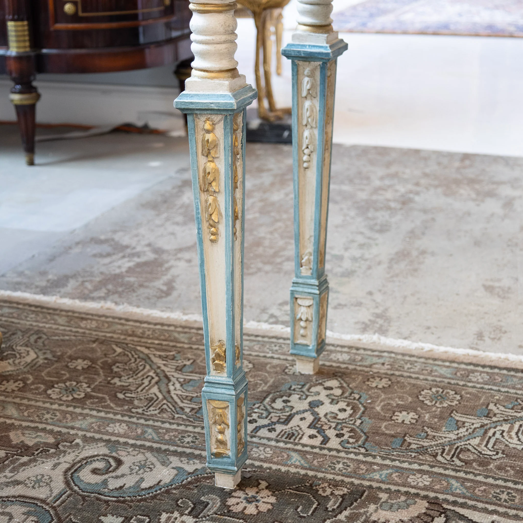 Louis XVI Gilded Console Table – Hand-Painted Blue & Gold with White Marble Top - Image 5