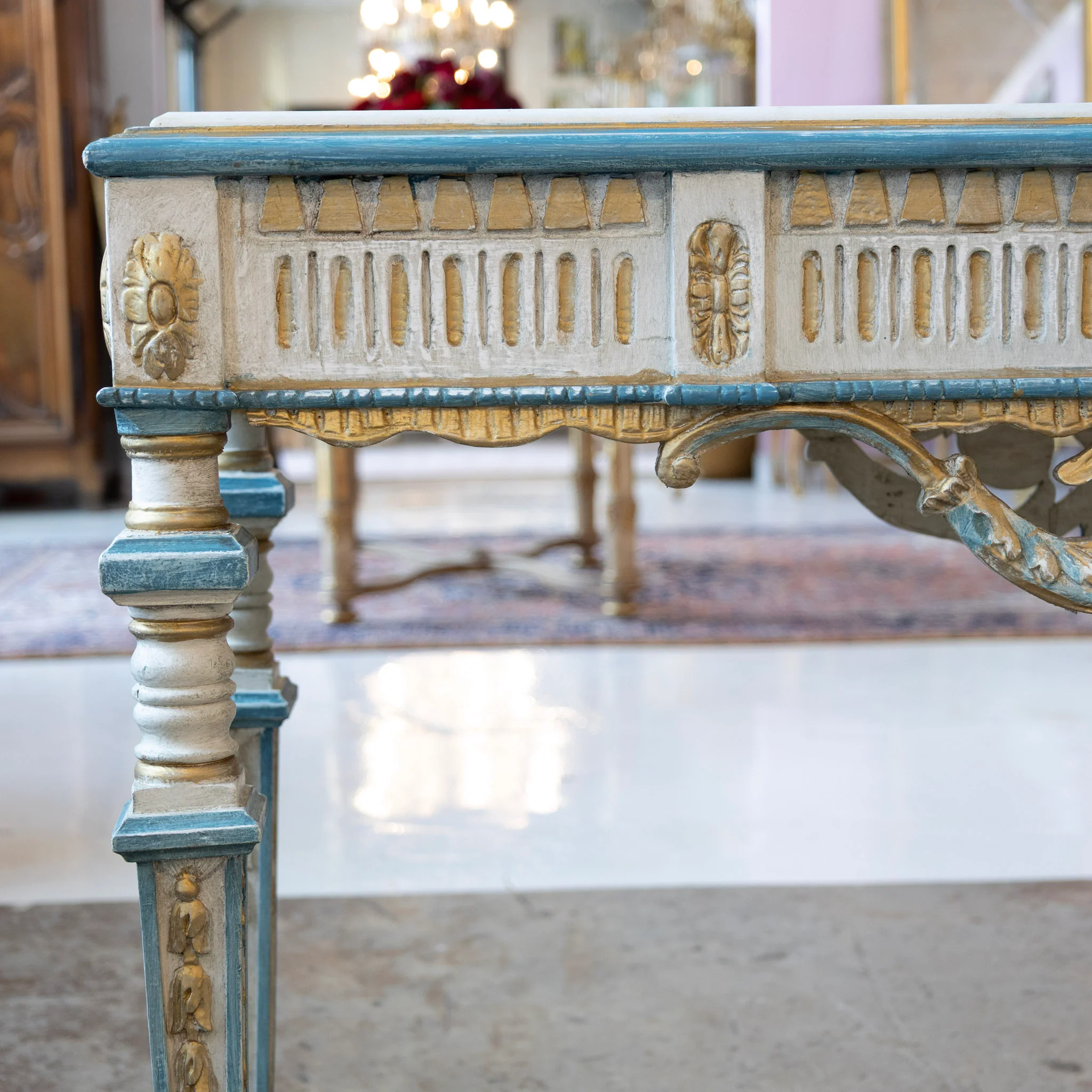 Louis XVI Gilded Console Table – Hand-Painted Blue & Gold with White Marble Top - Image 6