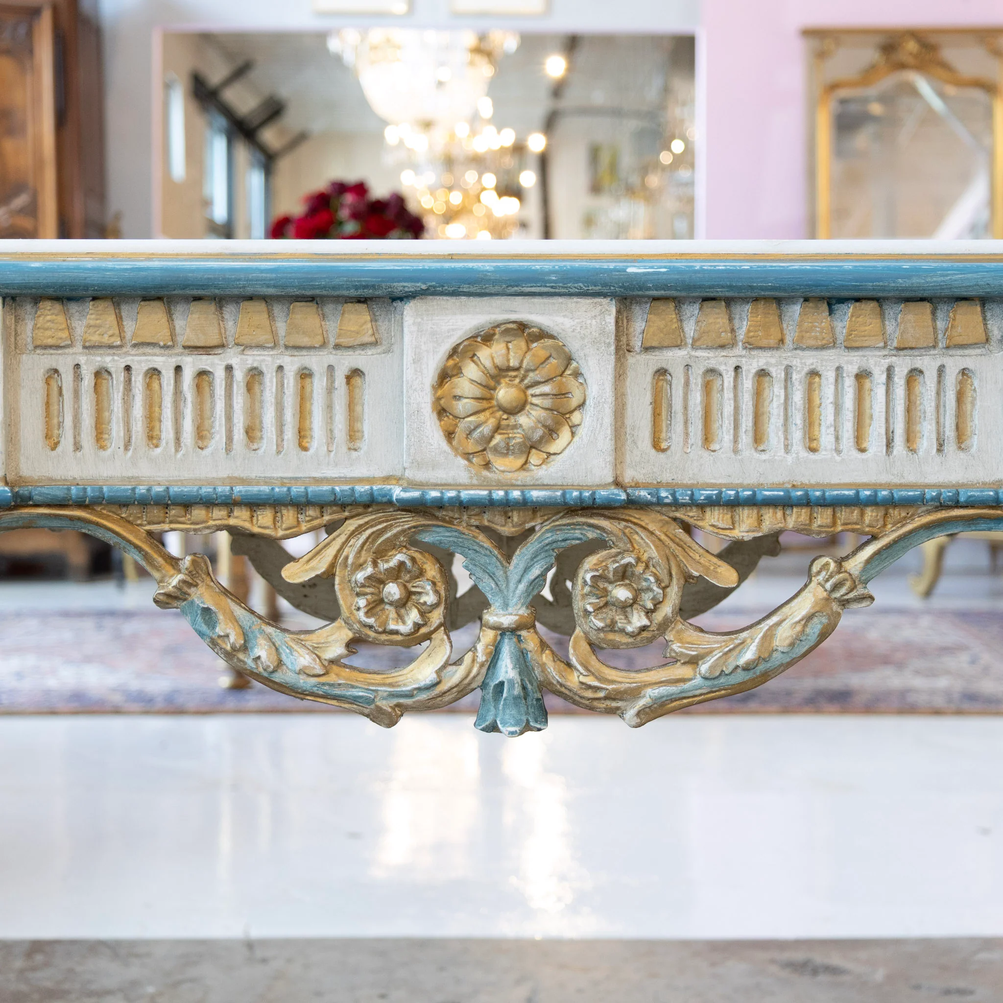 Louis XVI Gilded Console Table – Hand-Painted Blue & Gold with White Marble Top - Image 7