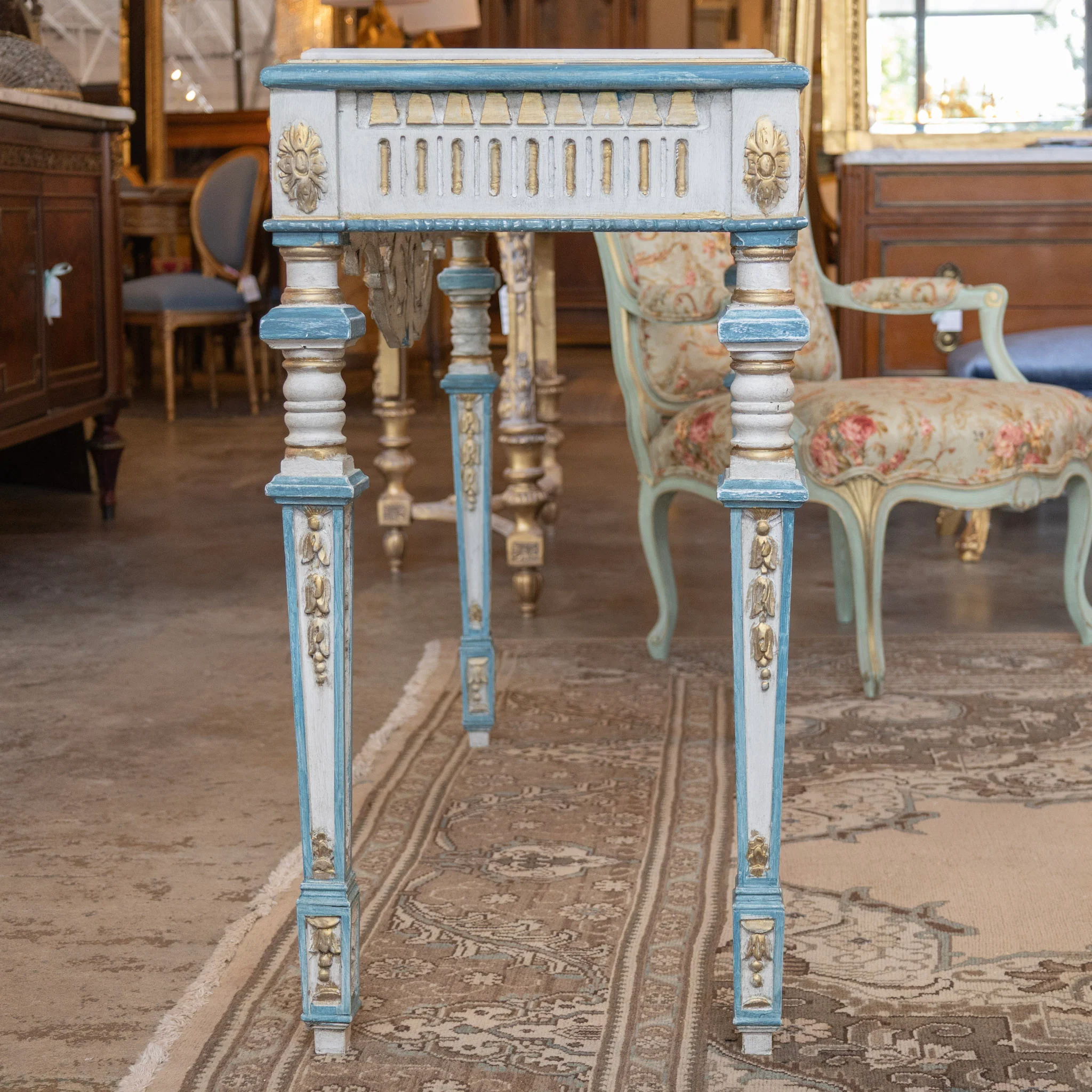 Louis XVI Gilded Console Table – Hand-Painted Blue & Gold with White Marble Top - Image 8