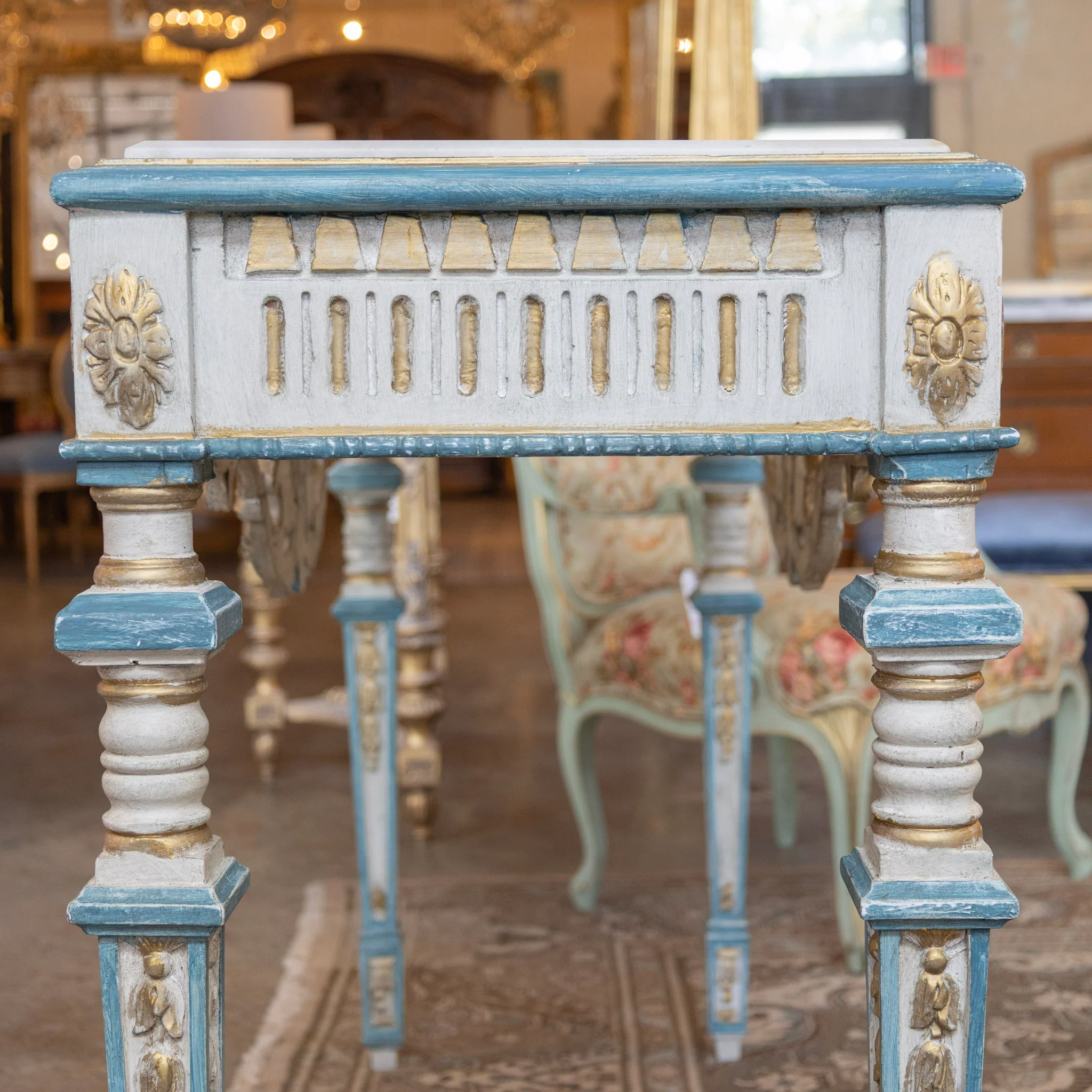 Louis XVI Gilded Console Table – Hand-Painted Blue & Gold with White Marble Top - Image 9