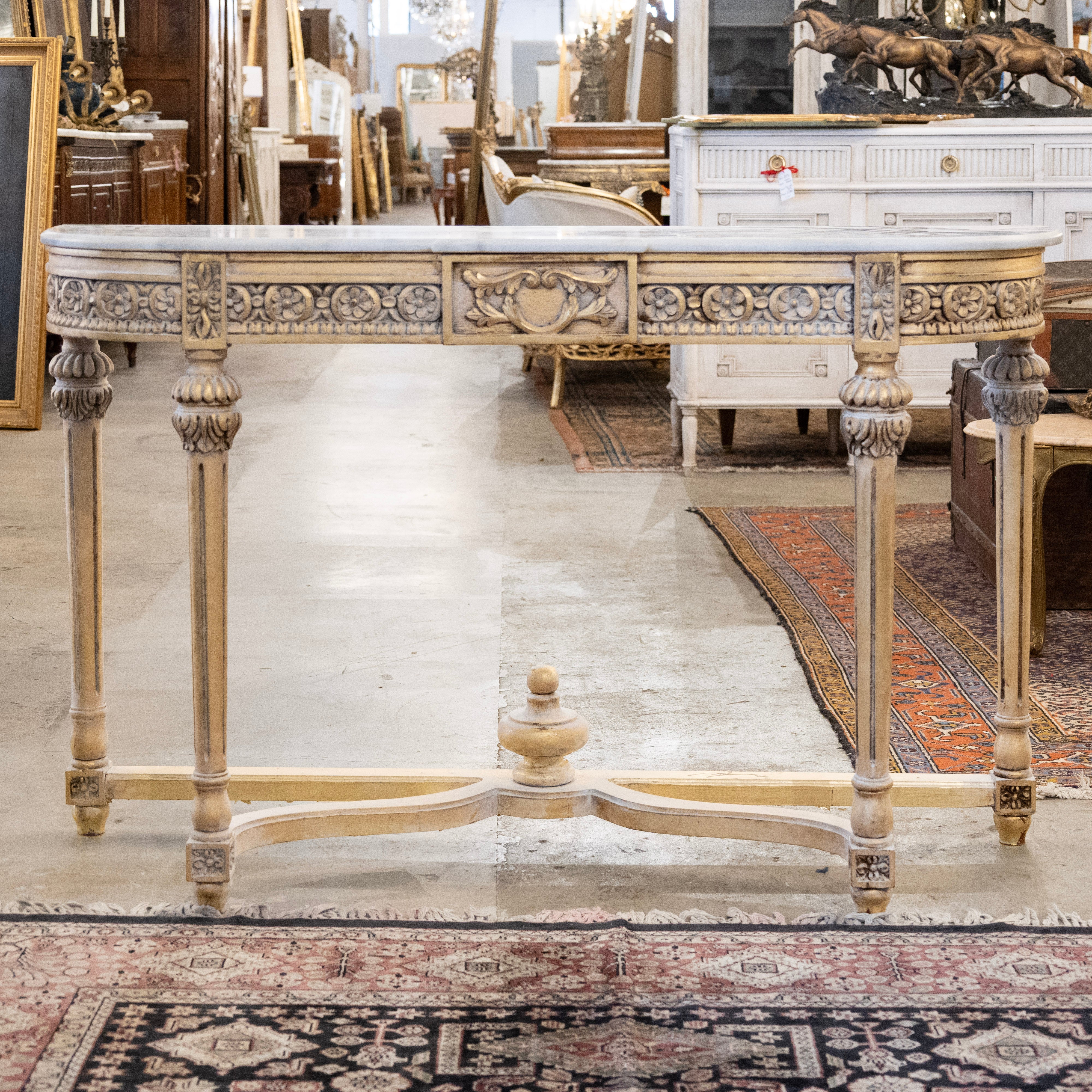 Louis XVI Gilded Demilune Console – Floral Carvings & White Marble Top