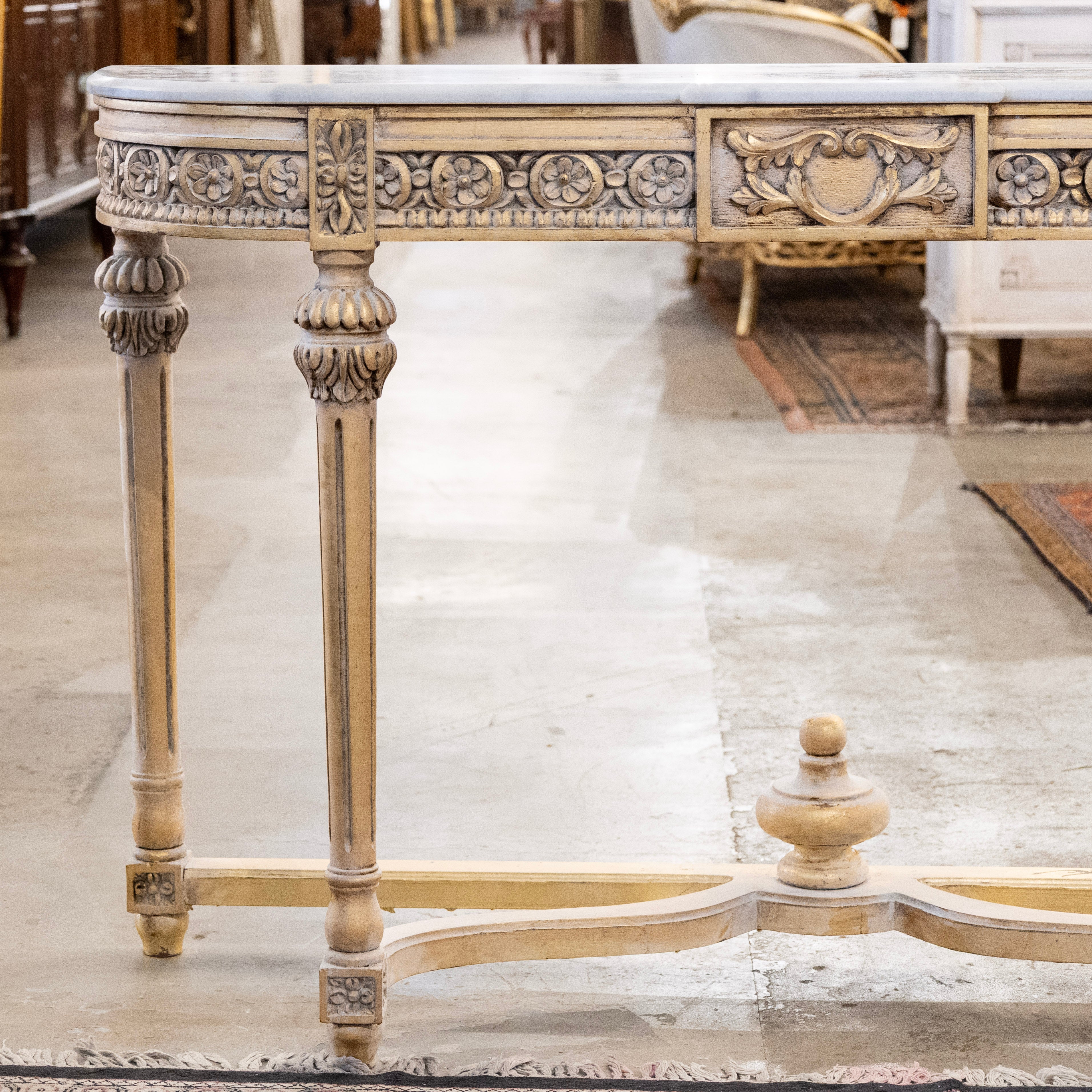 Louis XVI Gilded Demilune Console – Floral Carvings & White Marble Top - Image 2