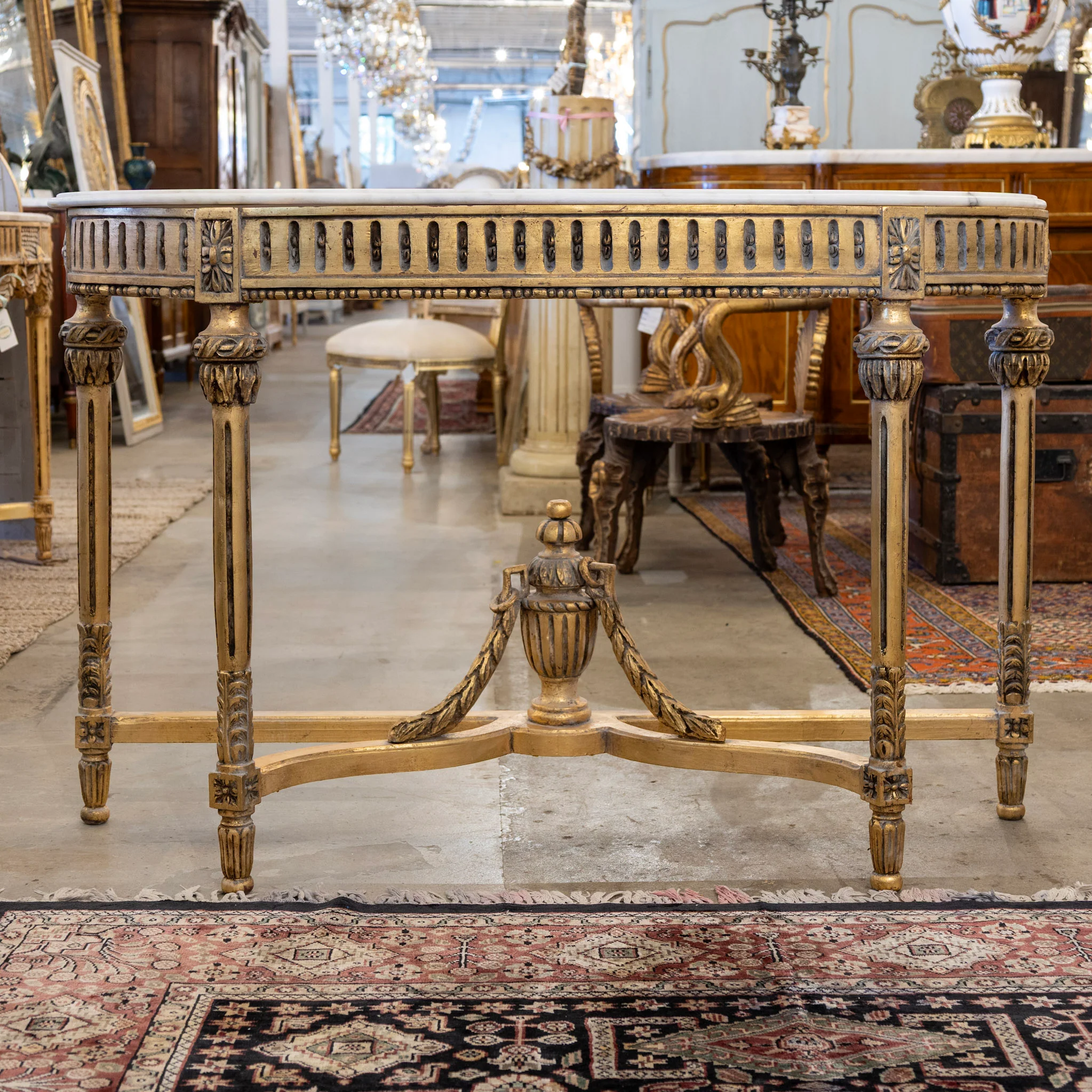 Louis XVI Gilded Demilune Console Table – Detailed Carvings & White Marble Top
