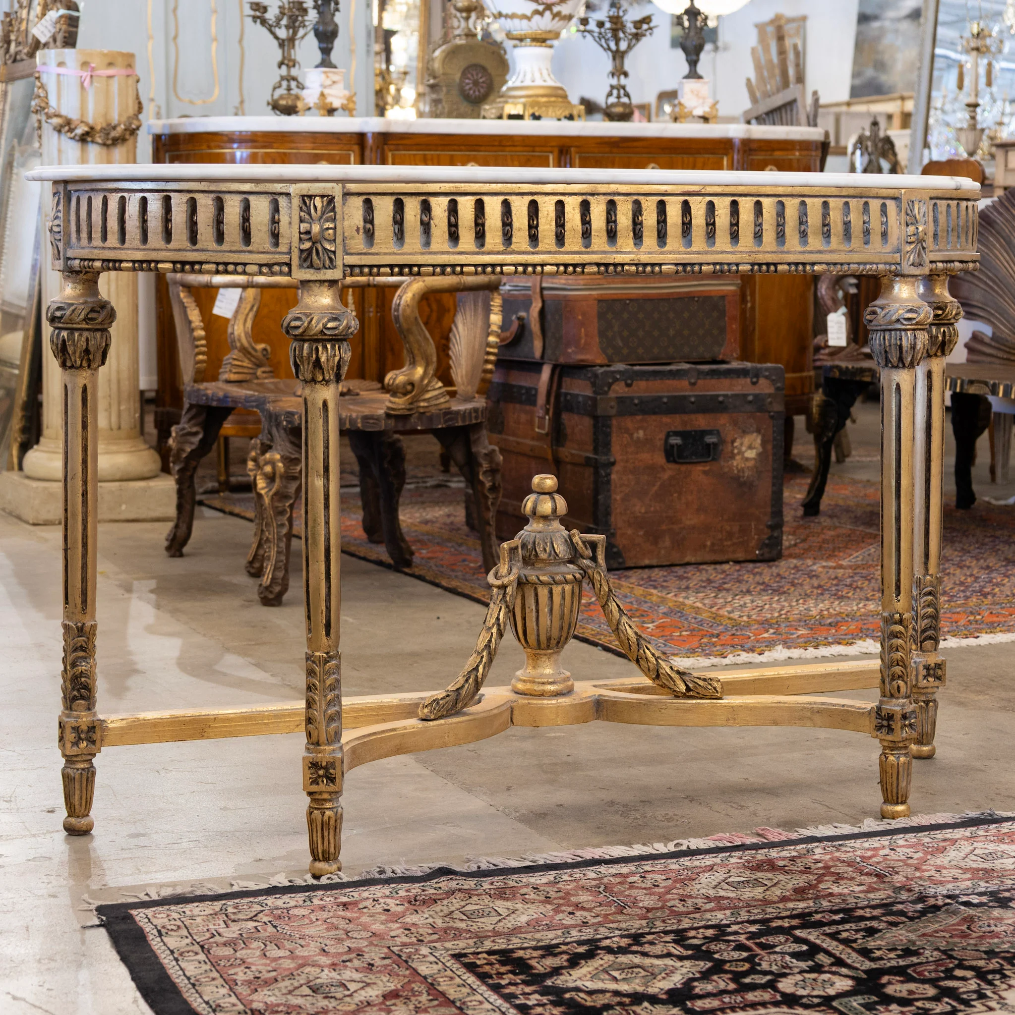 Louis XVI Gilded Demilune Console Table – Detailed Carvings & White Marble Top - Image 2