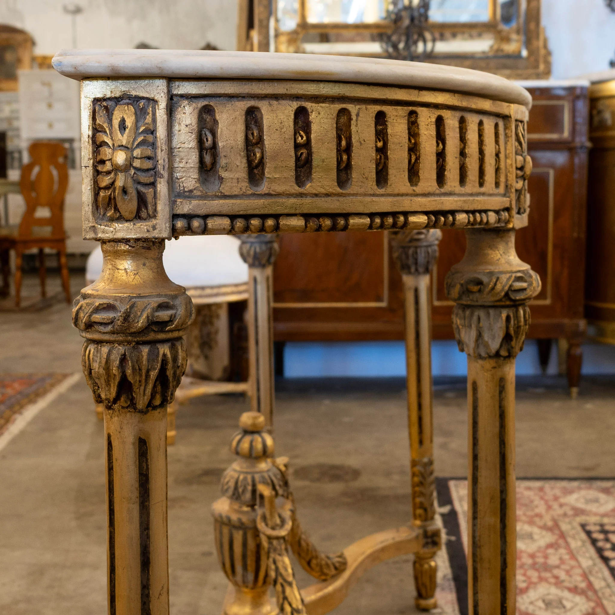 Louis XVI Gilded Demilune Console Table – Detailed Carvings & White Marble Top - Image 7