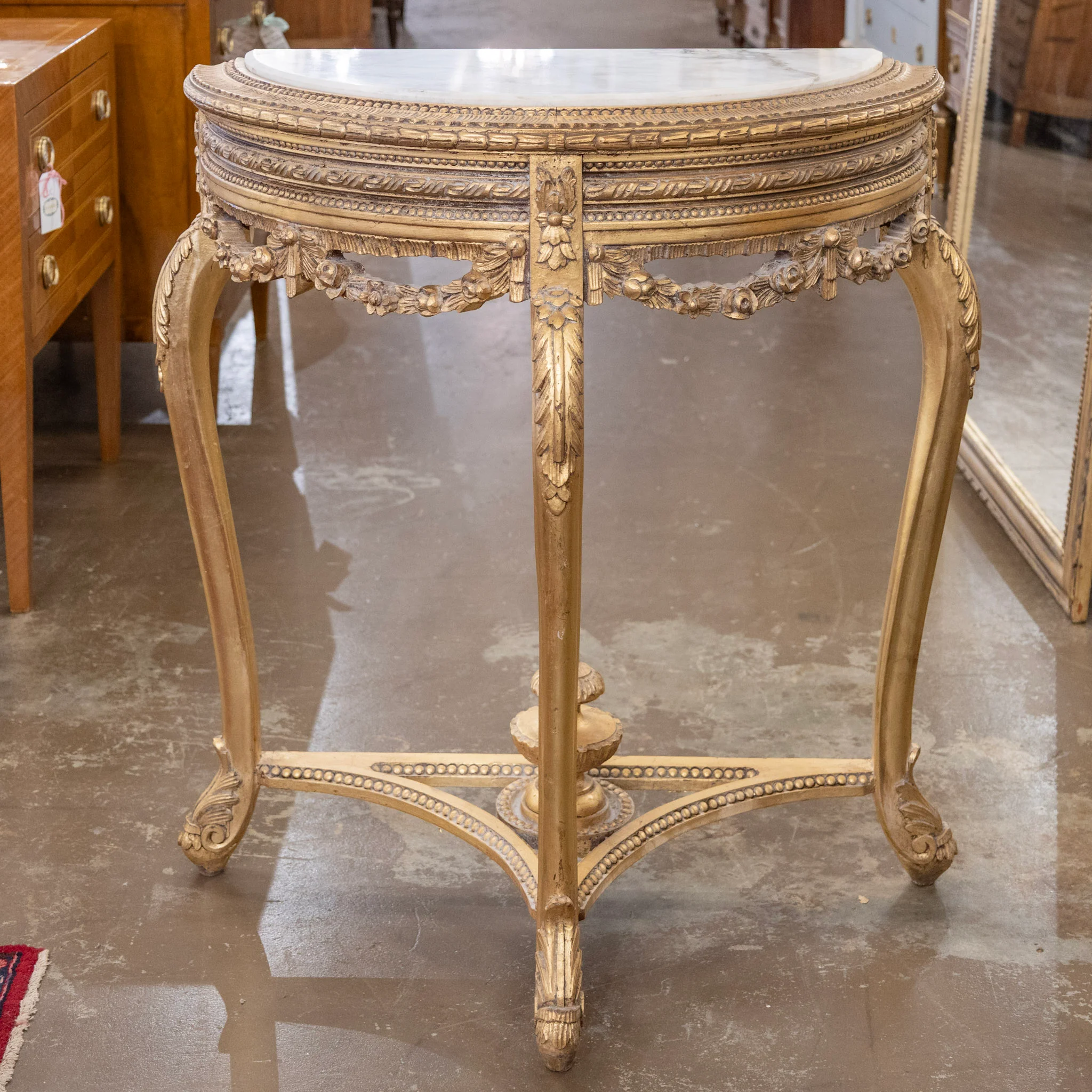 Louis XV Style Gilded Demilune Console Table – White Marble Top & Carved Trim