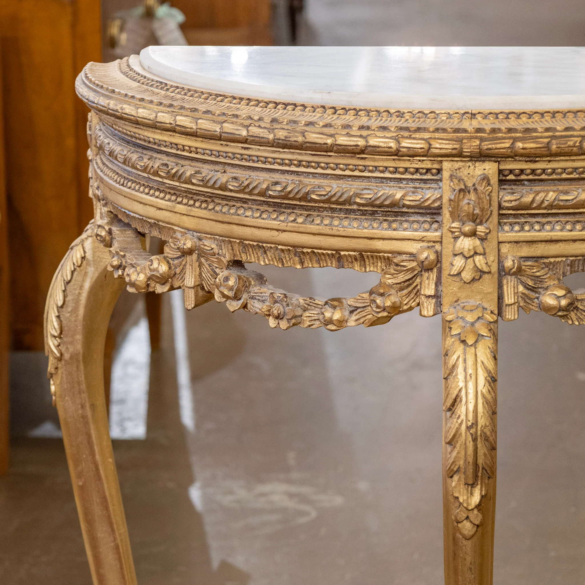 Louis XV Style Gilded Demilune Console Table – White Marble Top & Carved Trim - Image 2