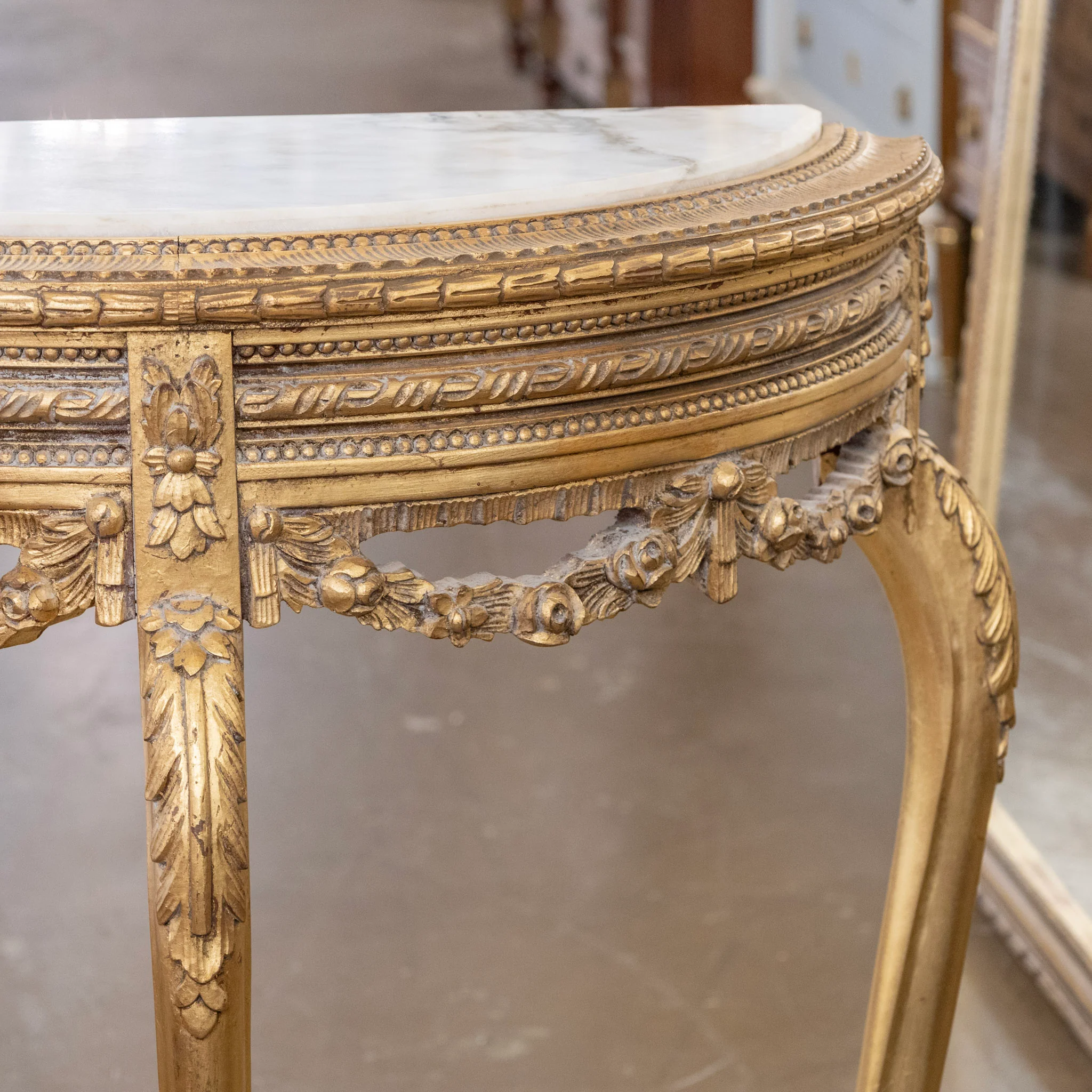 Louis XV Style Gilded Demilune Console Table – White Marble Top & Carved Trim - Image 3