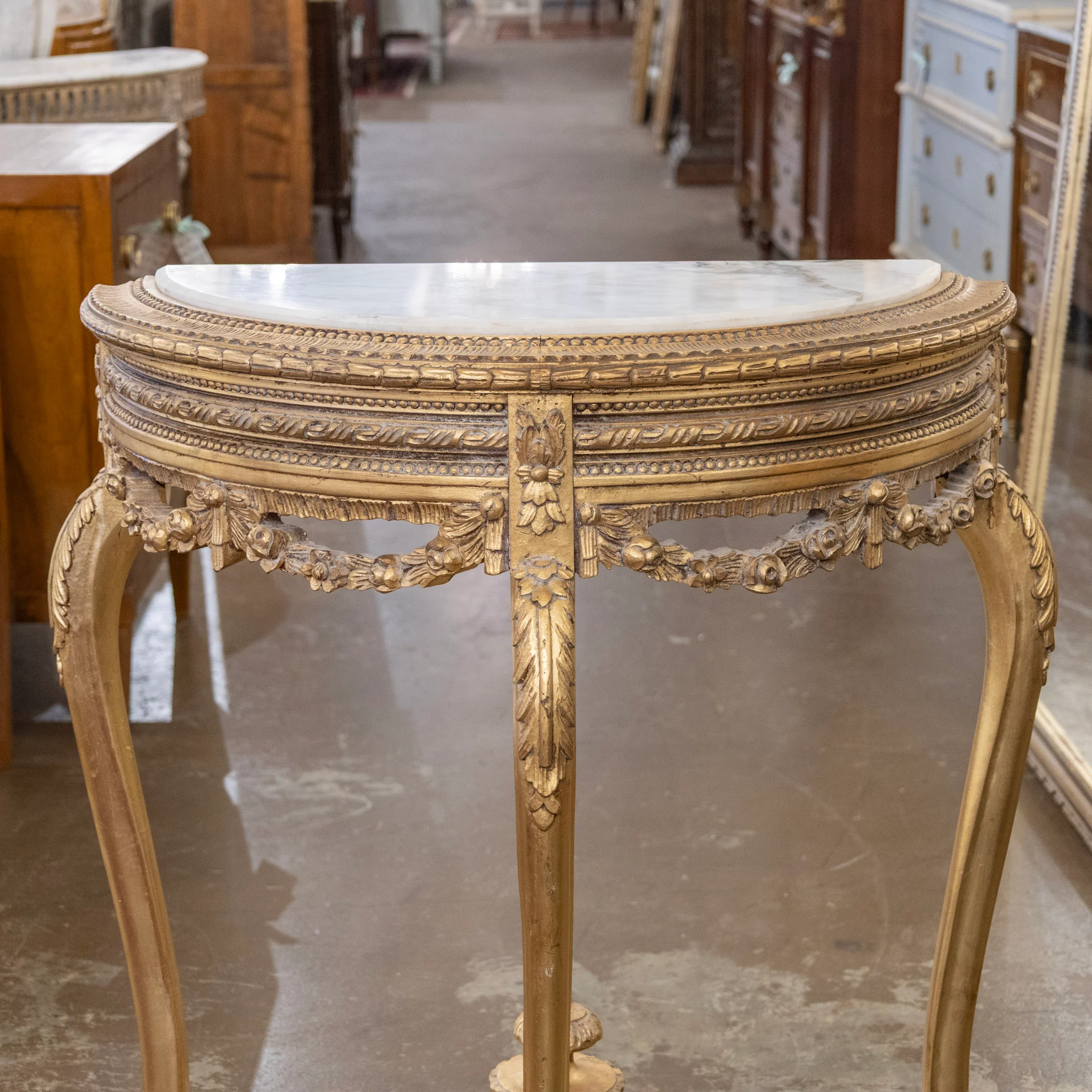 Louis XV Style Gilded Demilune Console Table – White Marble Top & Carved Trim - Image 4