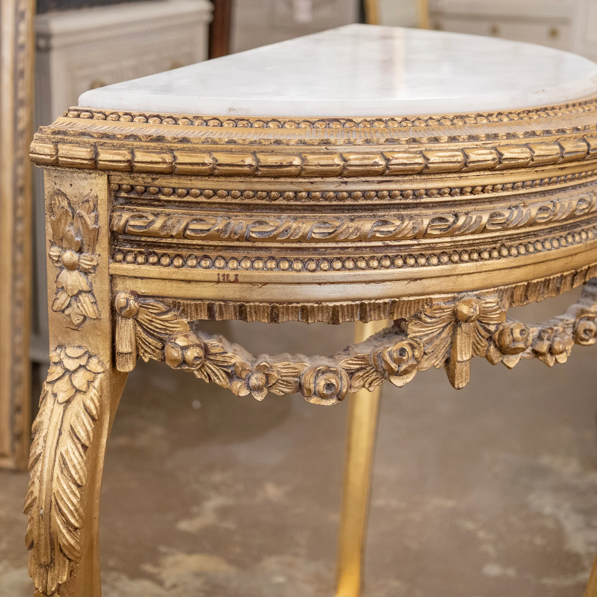 Louis XV Style Gilded Demilune Console Table – White Marble Top & Carved Trim - Image 6