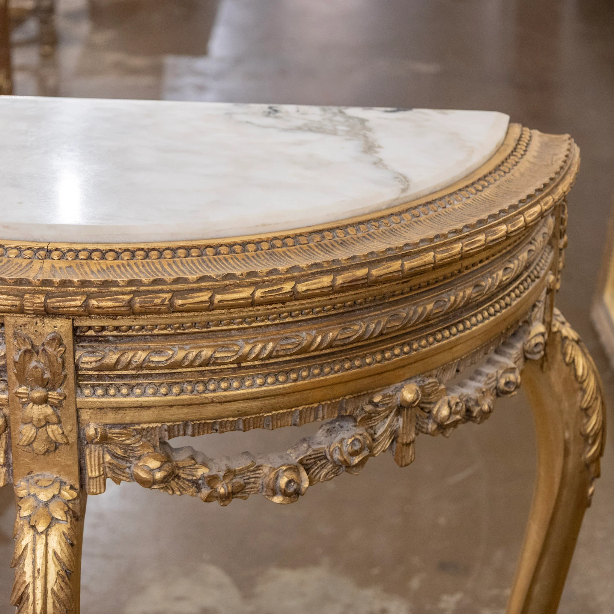 Louis XV Style Gilded Demilune Console Table – White Marble Top & Carved Trim - Image 7