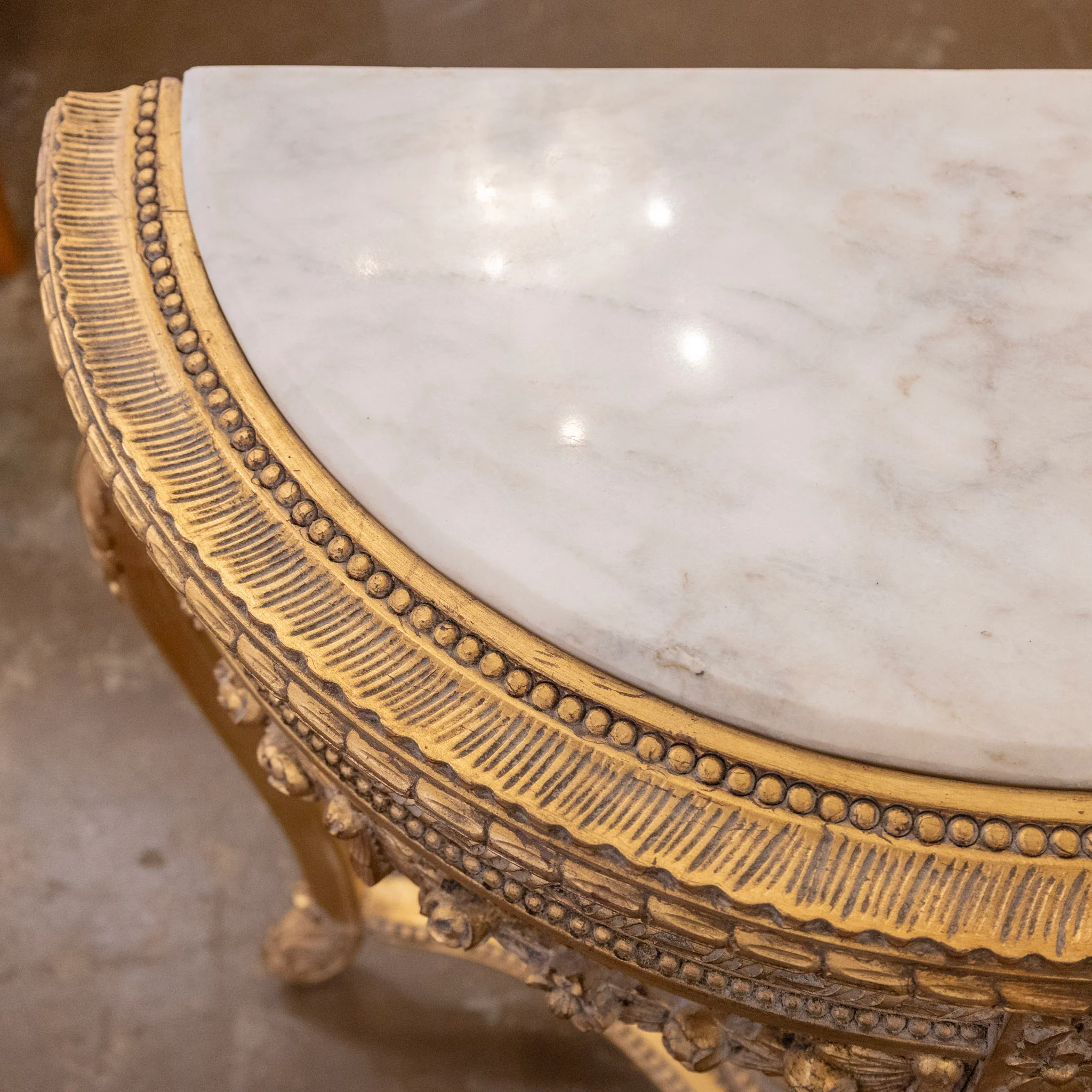 Louis XV Style Gilded Demilune Console Table – White Marble Top & Carved Trim - Image 8