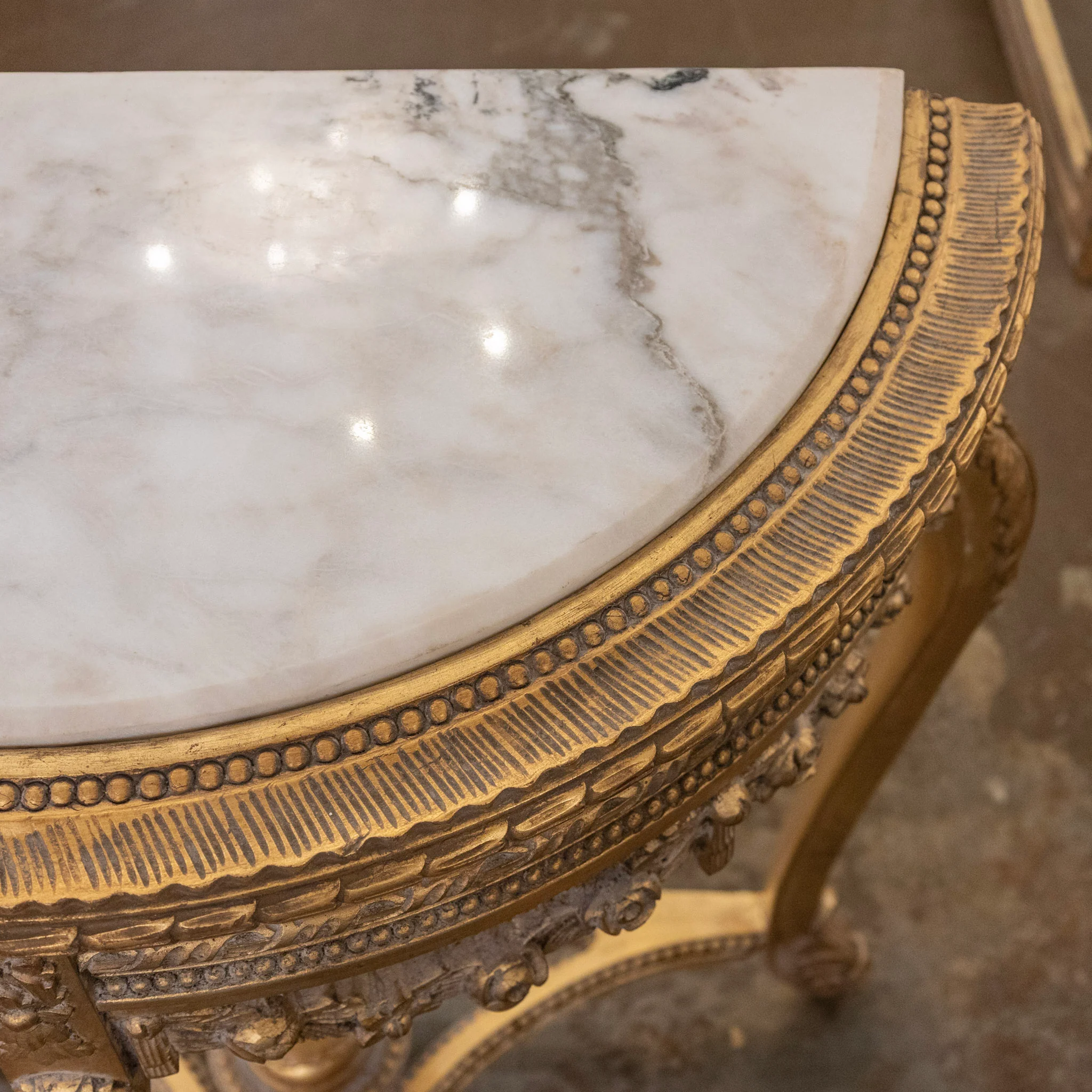 Louis XV Style Gilded Demilune Console Table – White Marble Top & Carved Trim - Image 9