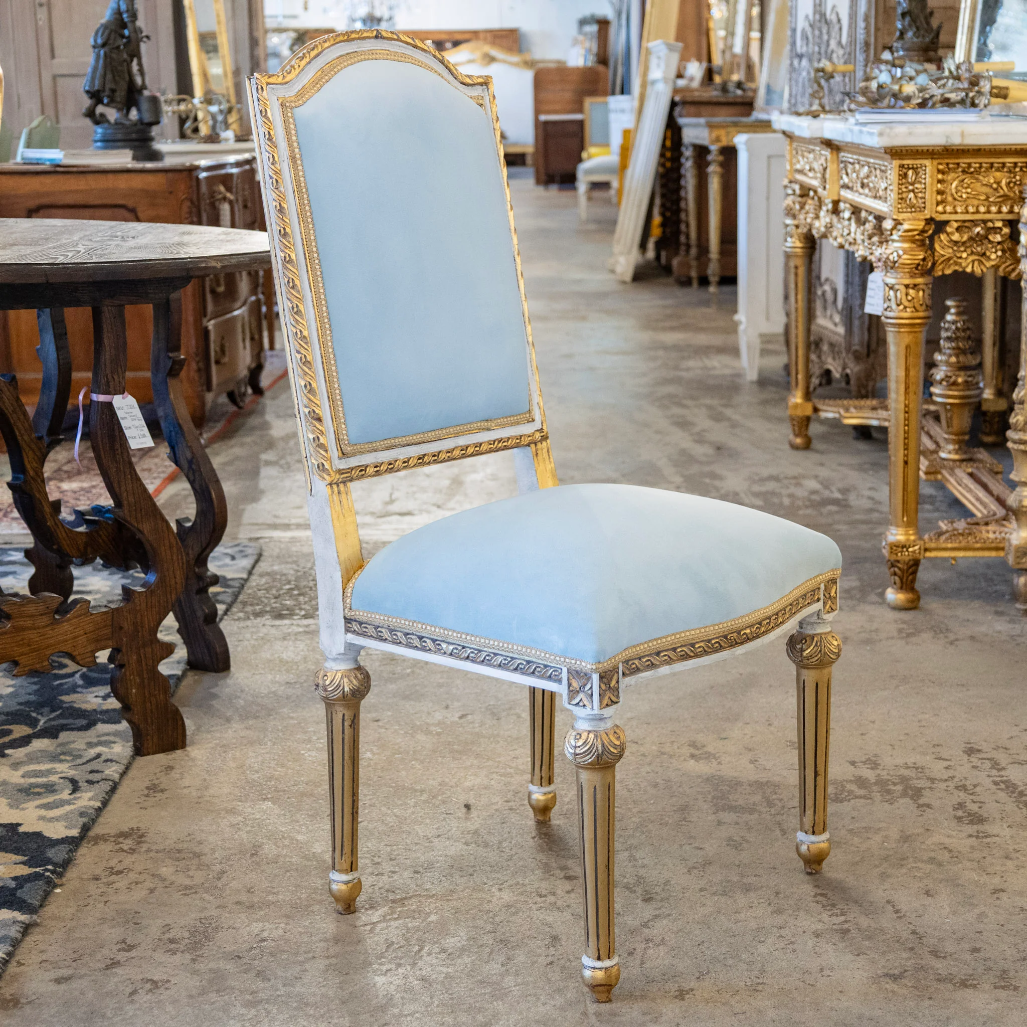 Louis XVI Square Dining Chair – Gold & White Trim with Blue Velvet - Image 2