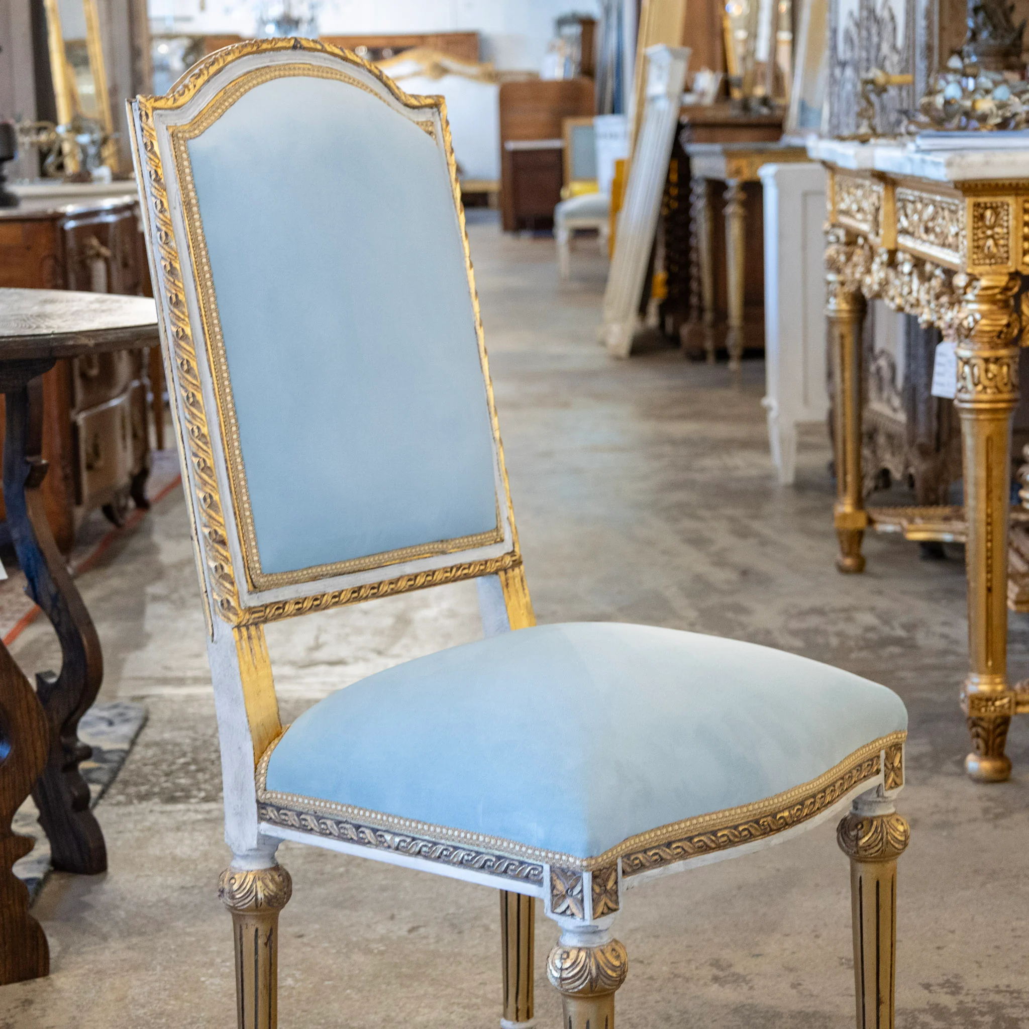 Louis XVI Square Dining Chair – Gold & White Trim with Blue Velvet - Image 3