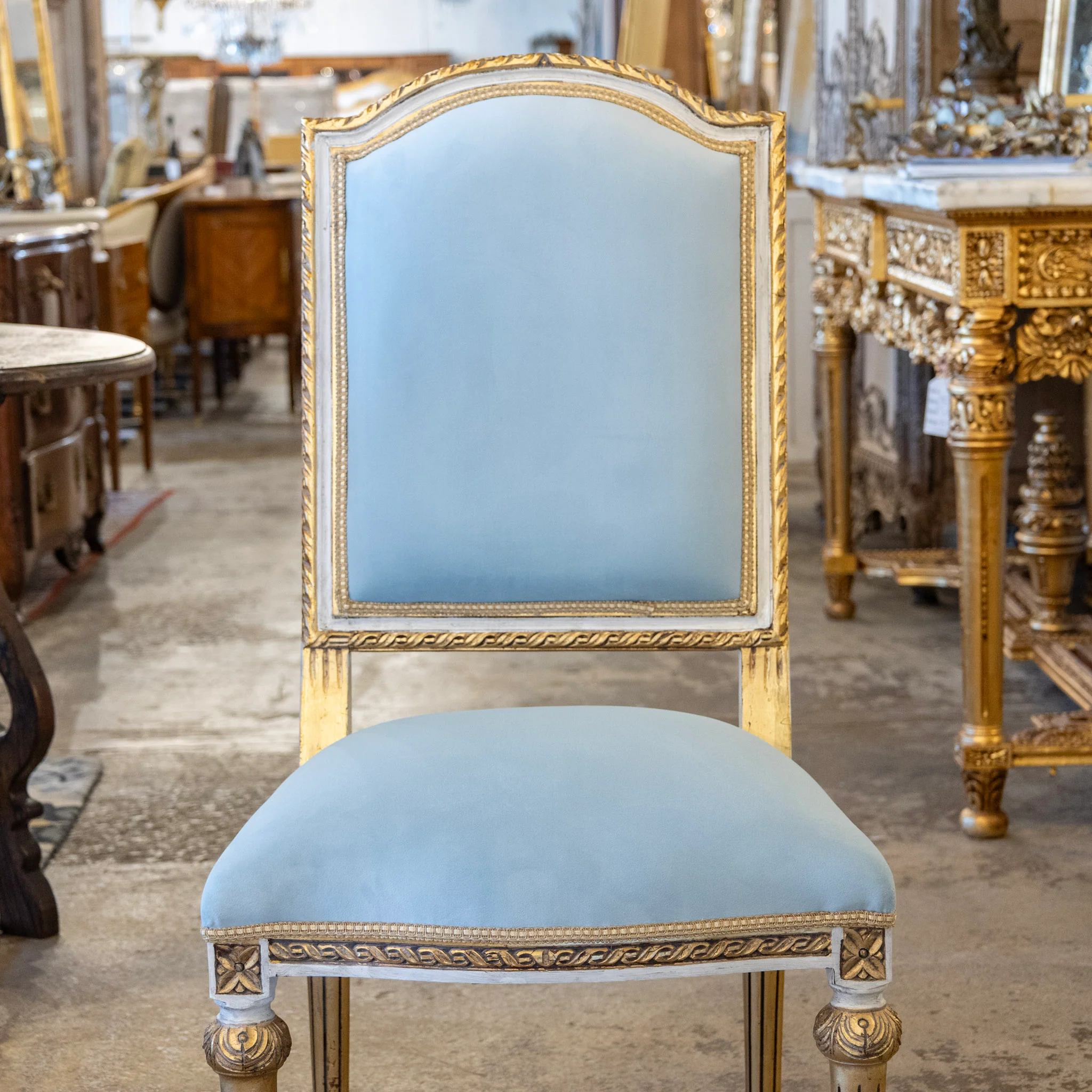 Louis XVI Square Dining Chair – Gold & White Trim with Blue Velvet - Image 4
