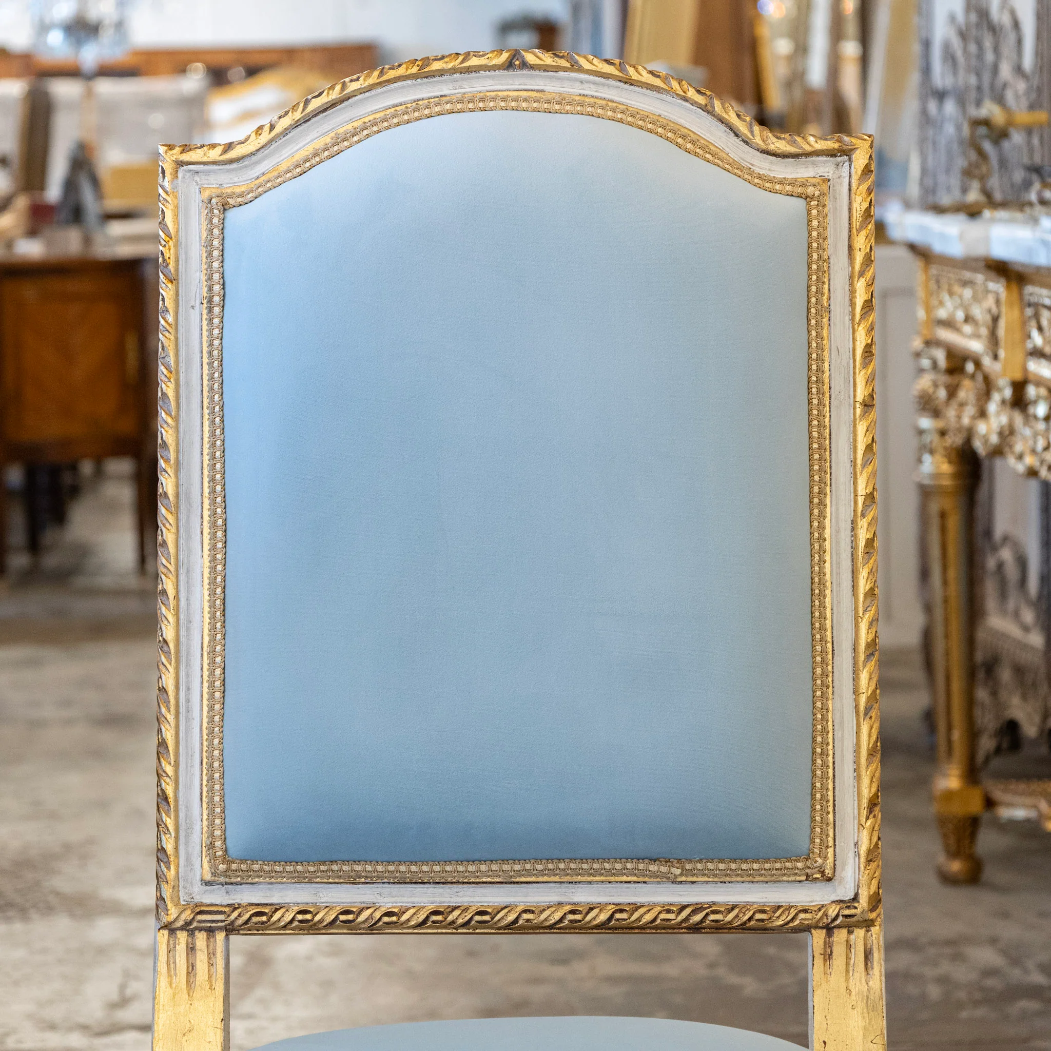 Louis XVI Square Dining Chair – Gold & White Trim with Blue Velvet - Image 5
