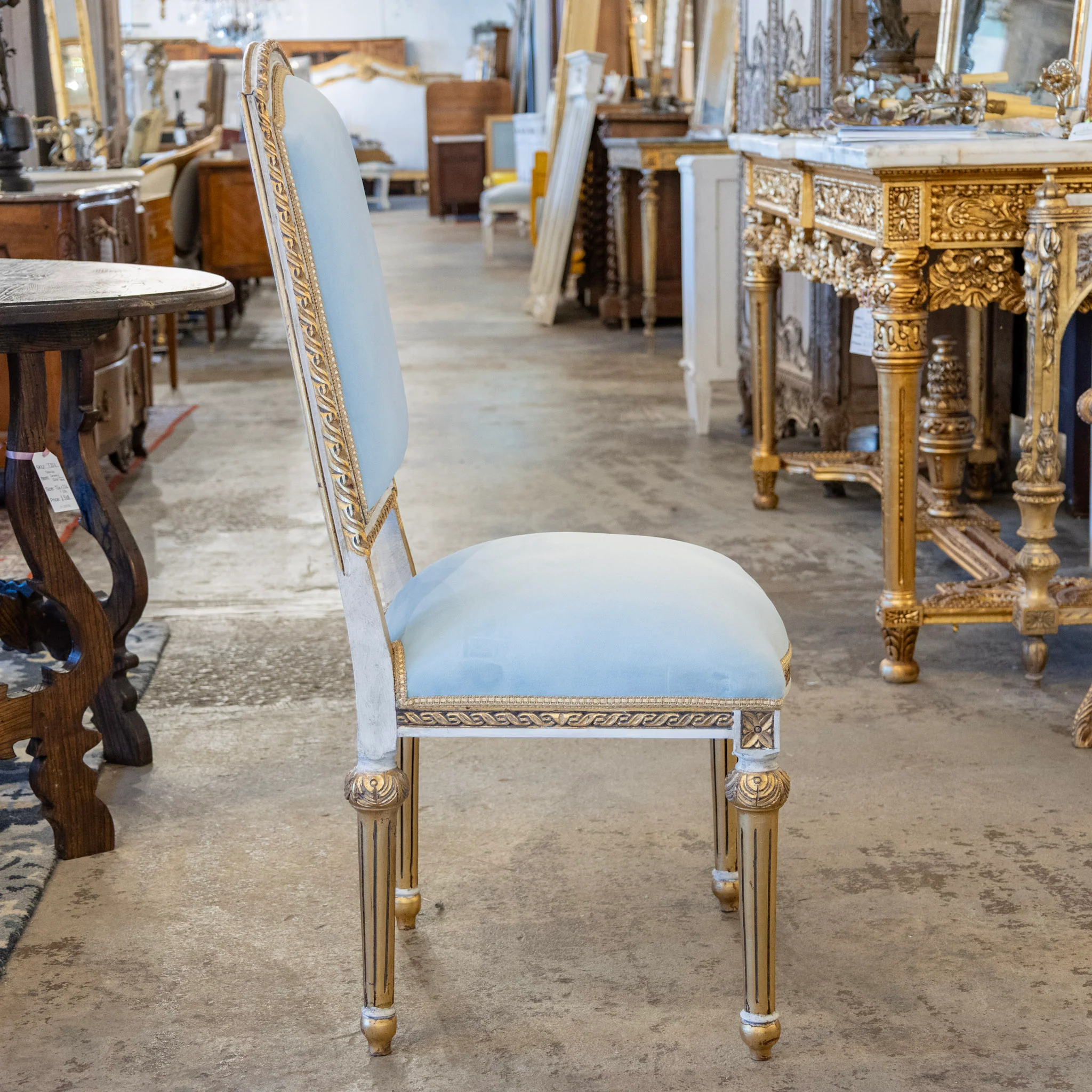 Louis XVI Square Dining Chair – Gold & White Trim with Blue Velvet - Image 7