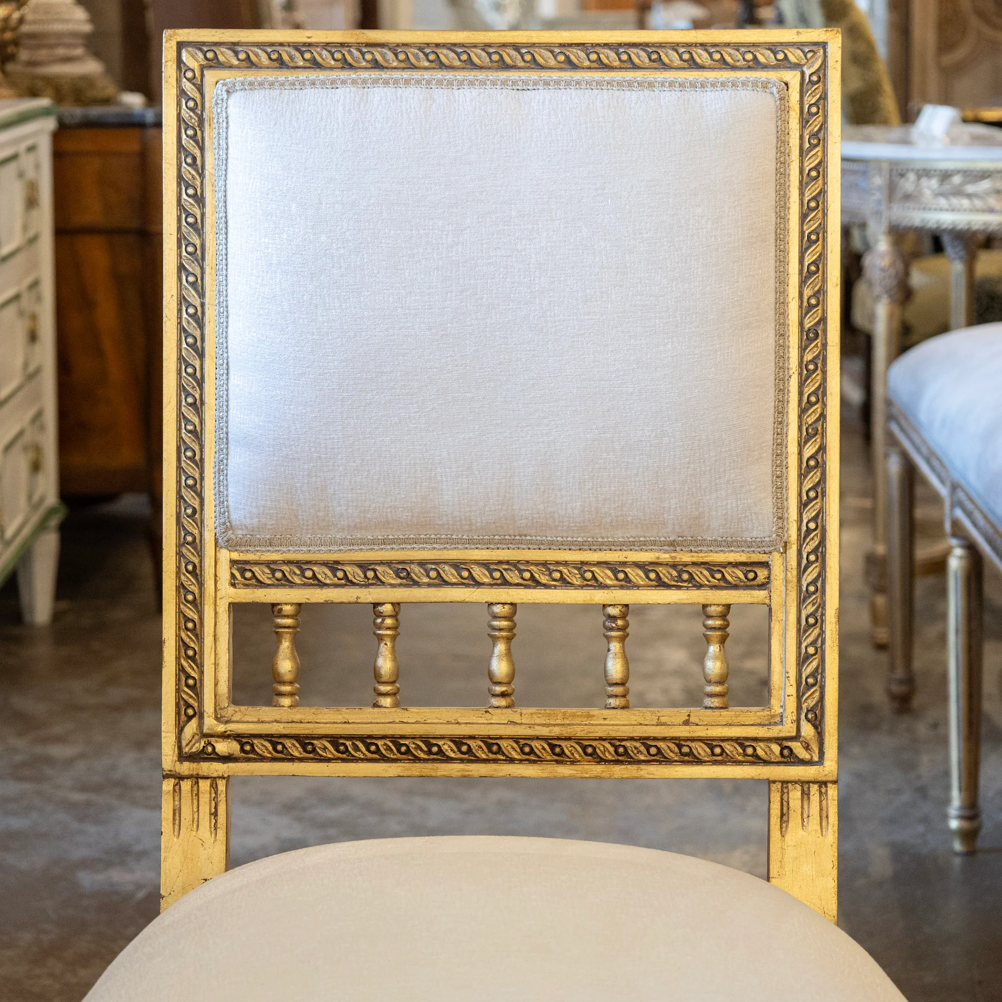 Louis XVI Square Open Back Gilded Dining Chair – White Silk-Weave Upholstery - Image 3