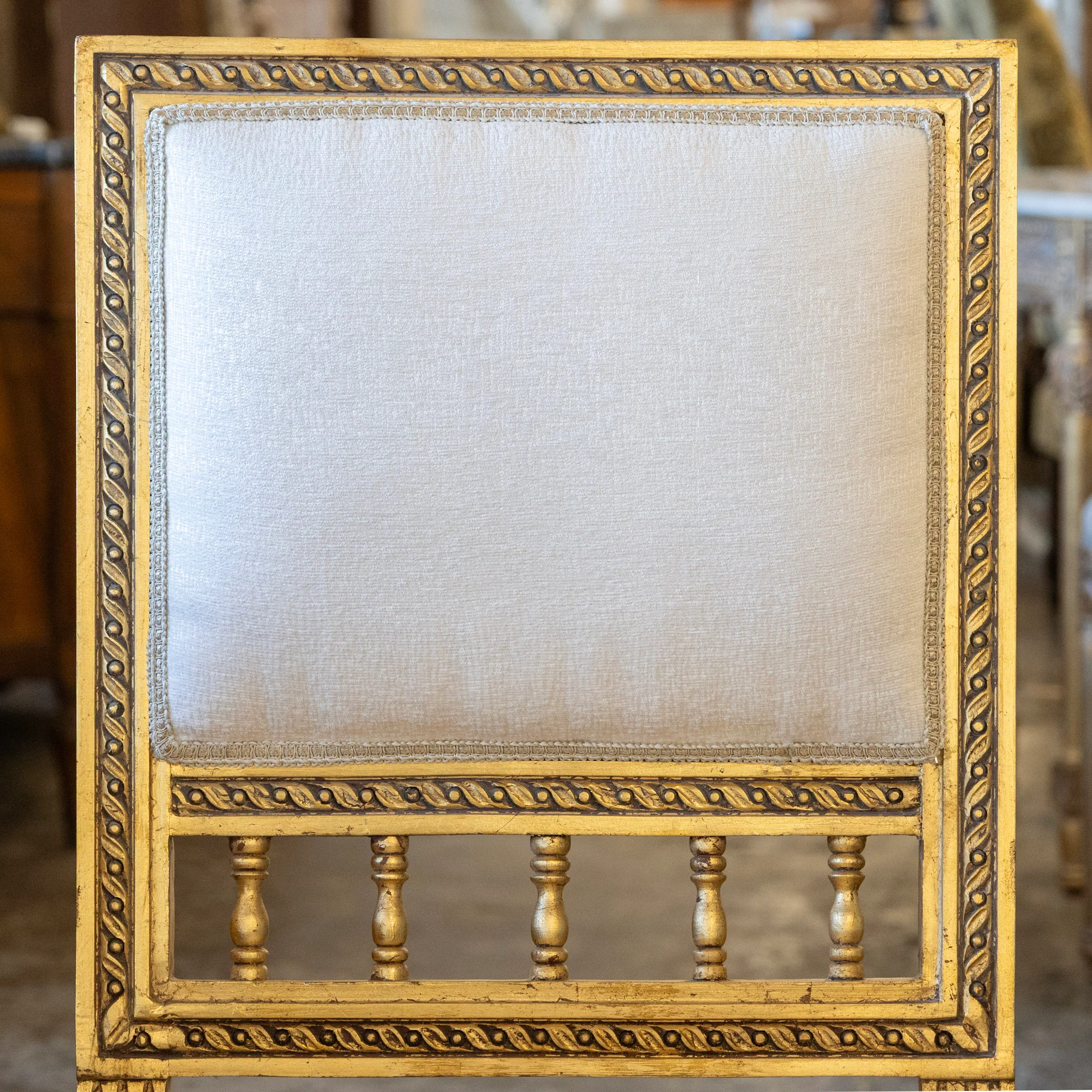 Louis XVI Square Open Back Gilded Dining Chair – White Silk-Weave Upholstery - Image 4