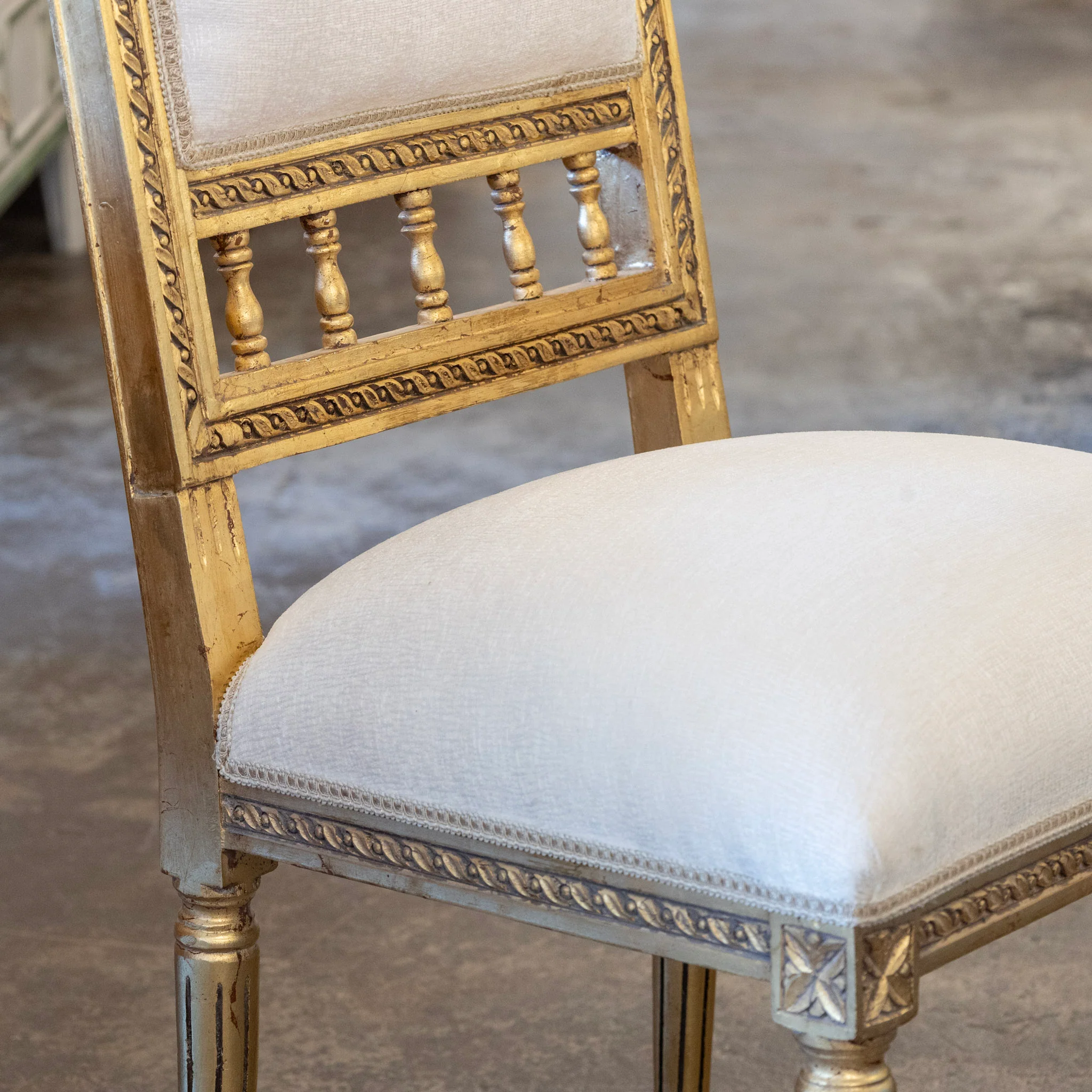 Louis XVI Square Open Back Gilded Dining Chair – White Silk-Weave Upholstery - Image 5