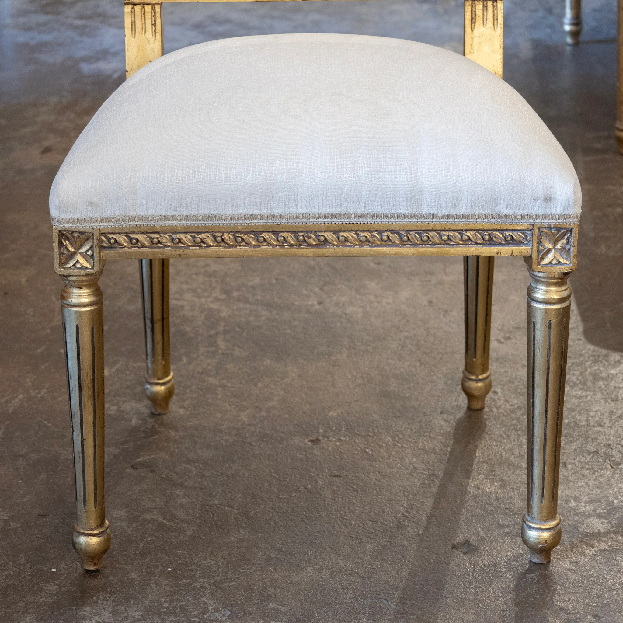 Louis XVI Square Open Back Gilded Dining Chair – White Silk-Weave Upholstery - Image 6